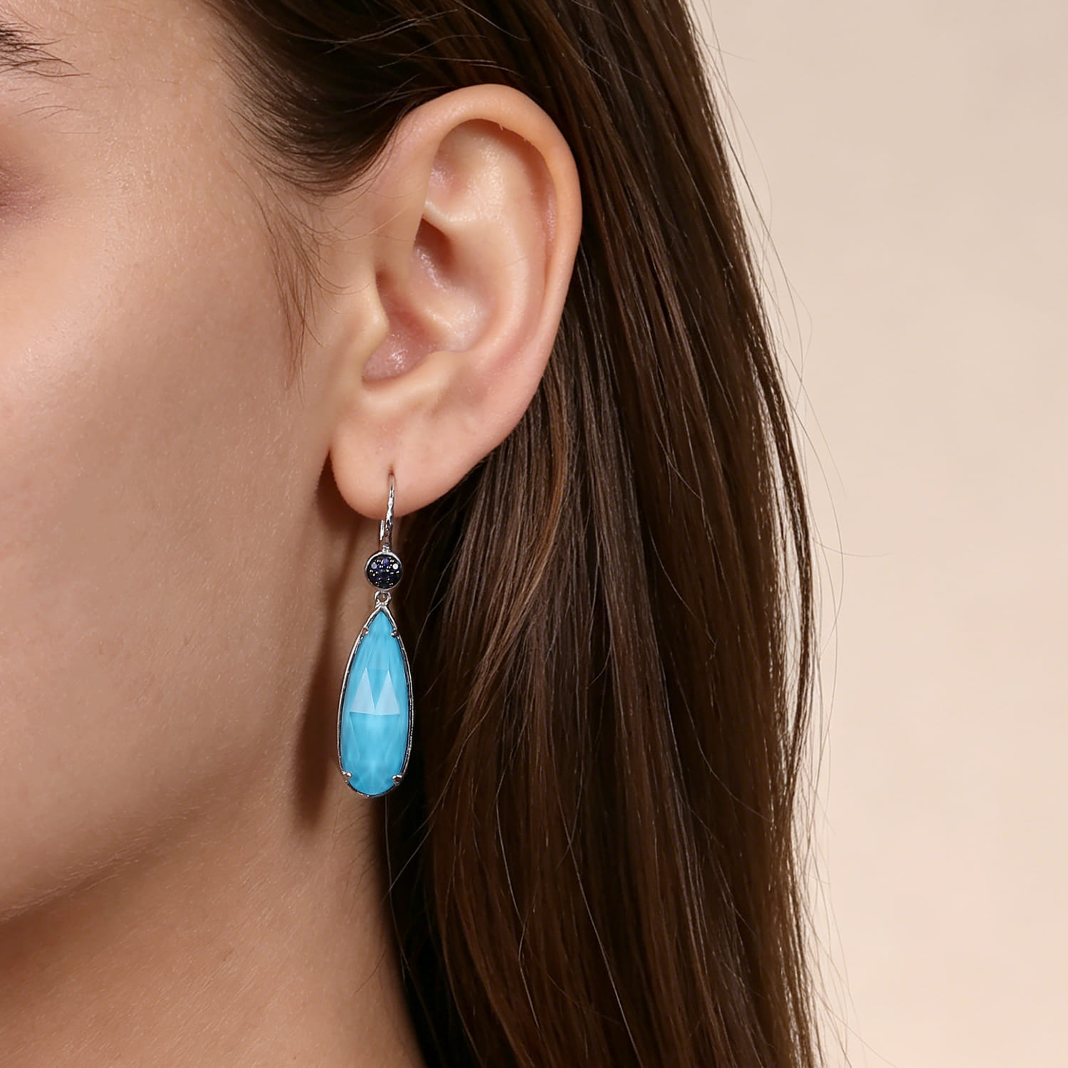 Sapphire Earrings with Turquoise Rock Crystal Teardrops in Sterling Silver, photograph 2