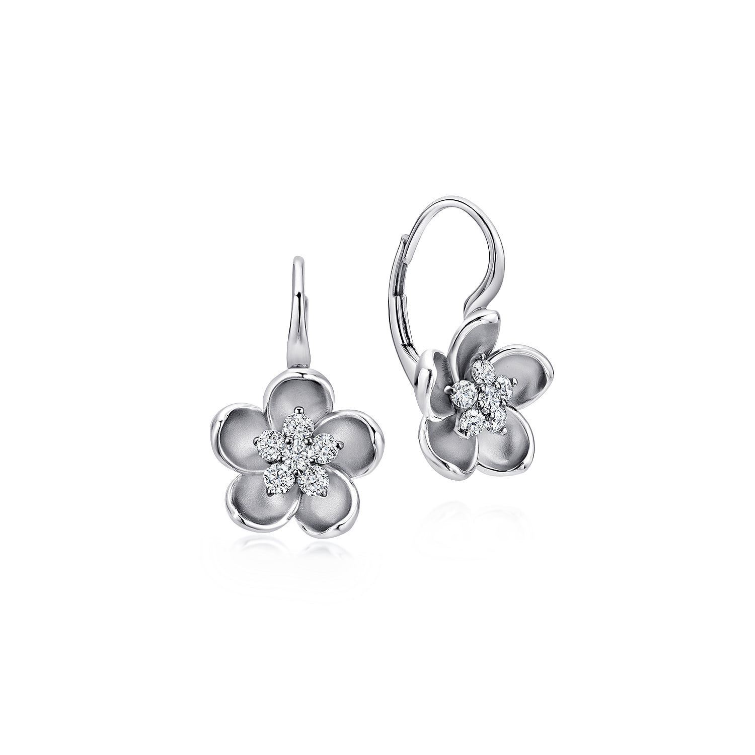 Leverback Flower Earrings with Diamond Center