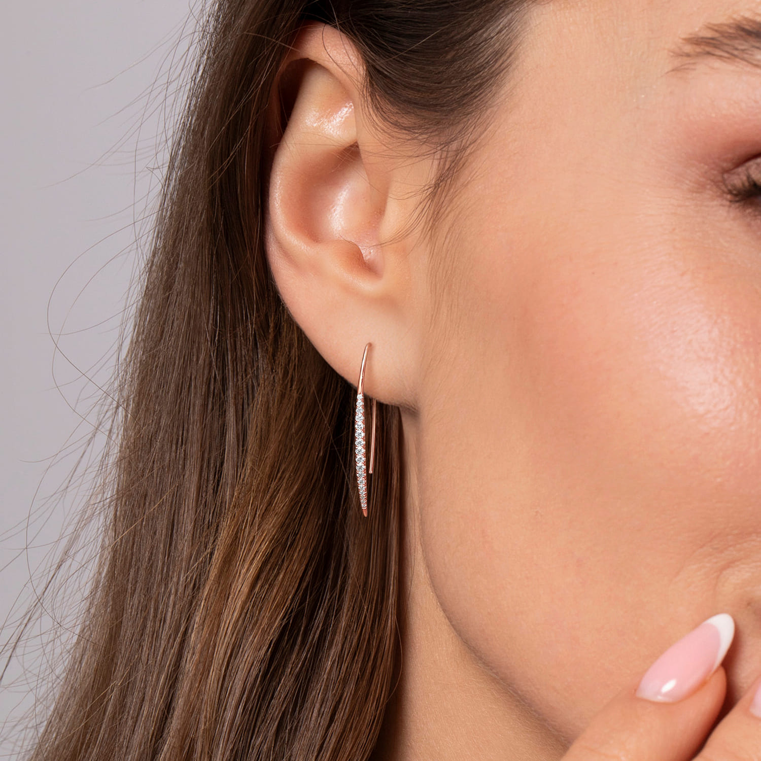 Tapered Diamond Fish Wire Drop Earrings in 14K Rose Gold, photograph 2