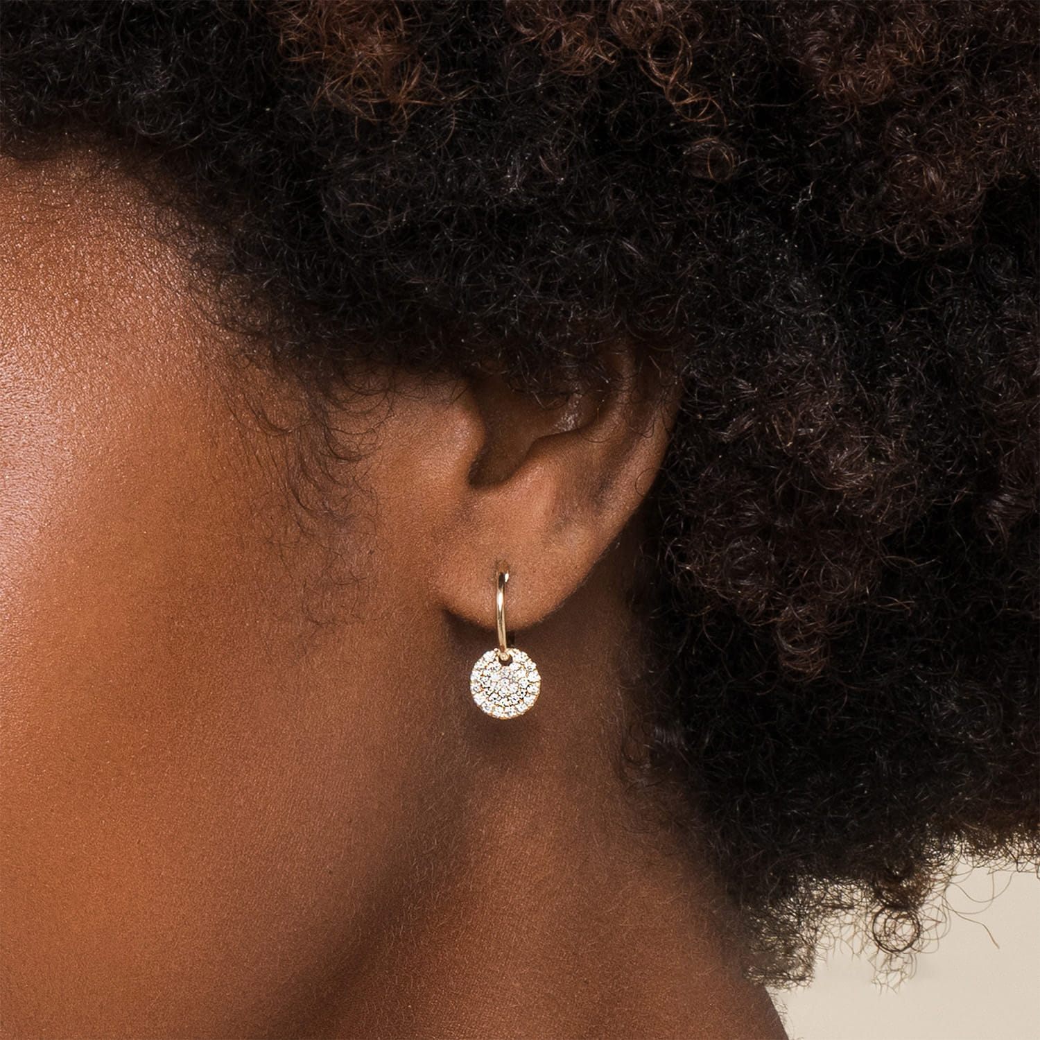 Diamond Pave Disc Drop Earrings in 14K Yellow Gold, photograph 2