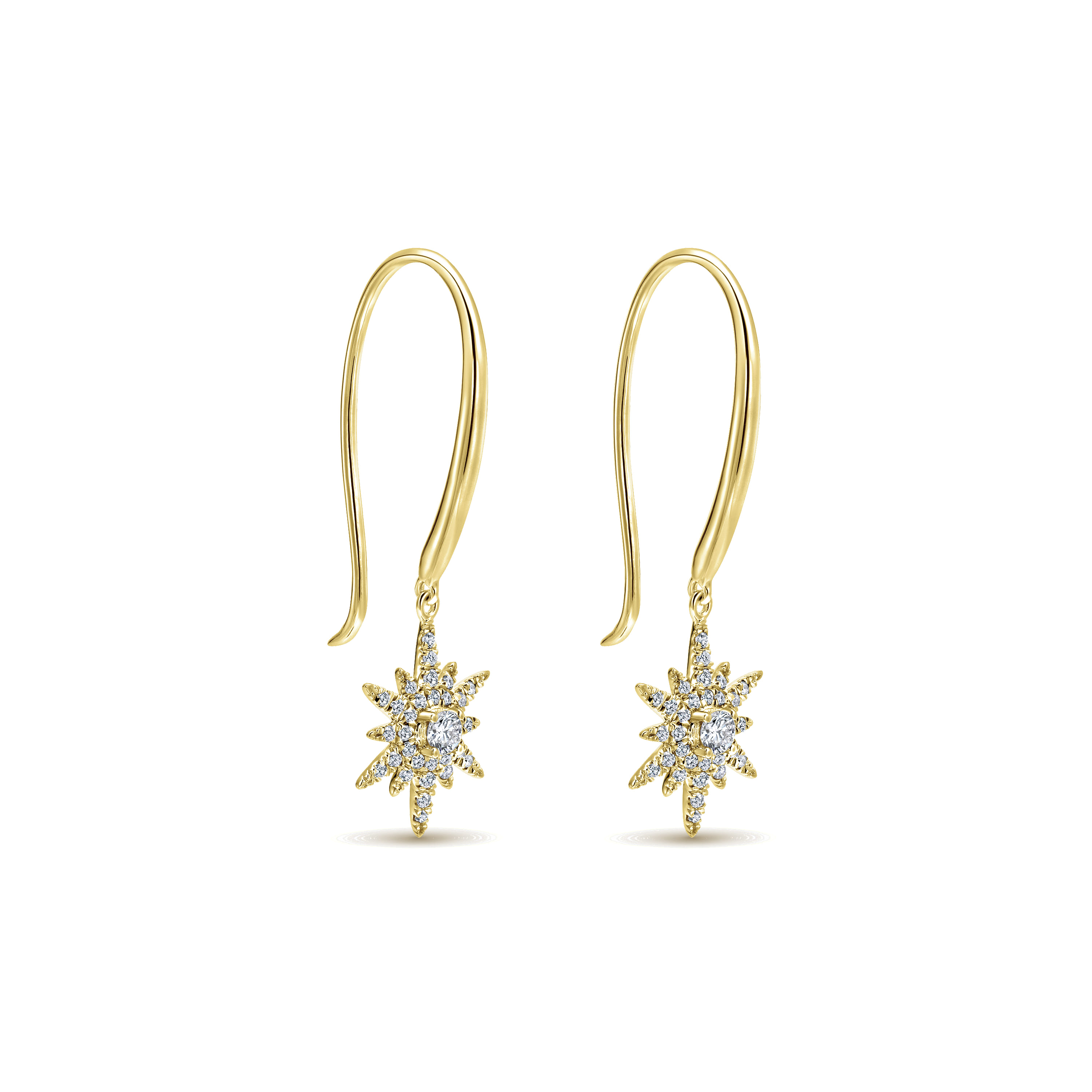 Diamond Star Fish Wire Drop Earrings in 14K Yellow Gold, photograph 2