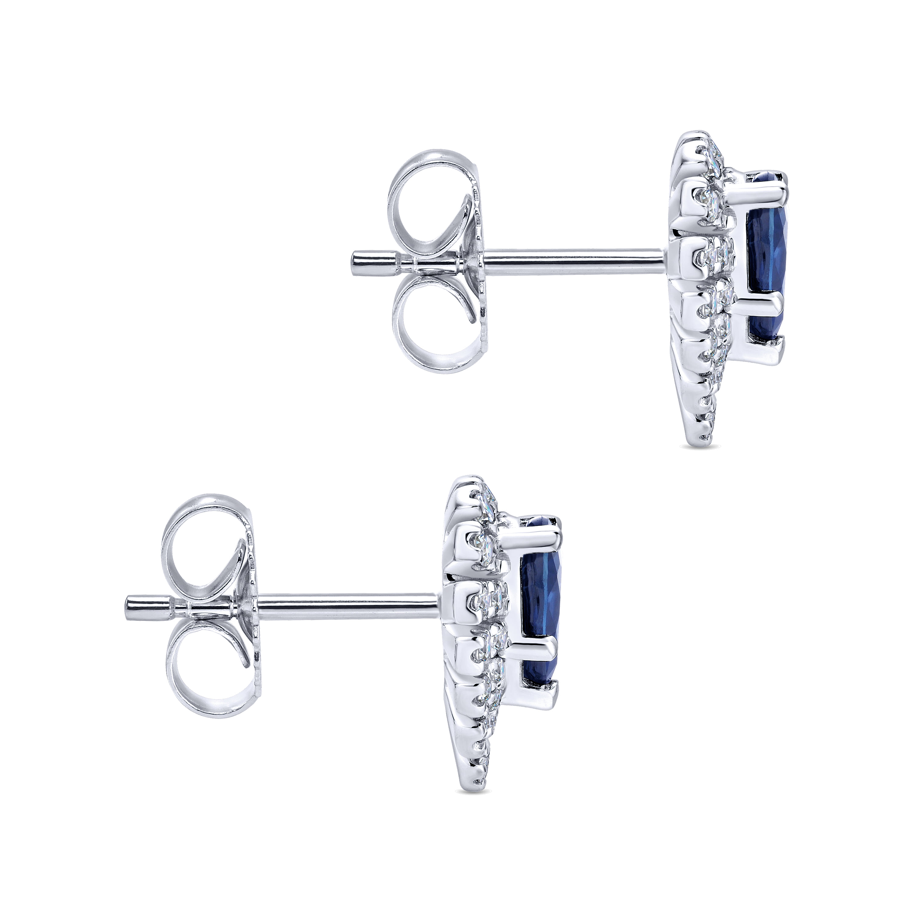 Pear Shaped Halo Diamond and Sapphire Stud Earrings in 14K White Gold, photograph 3