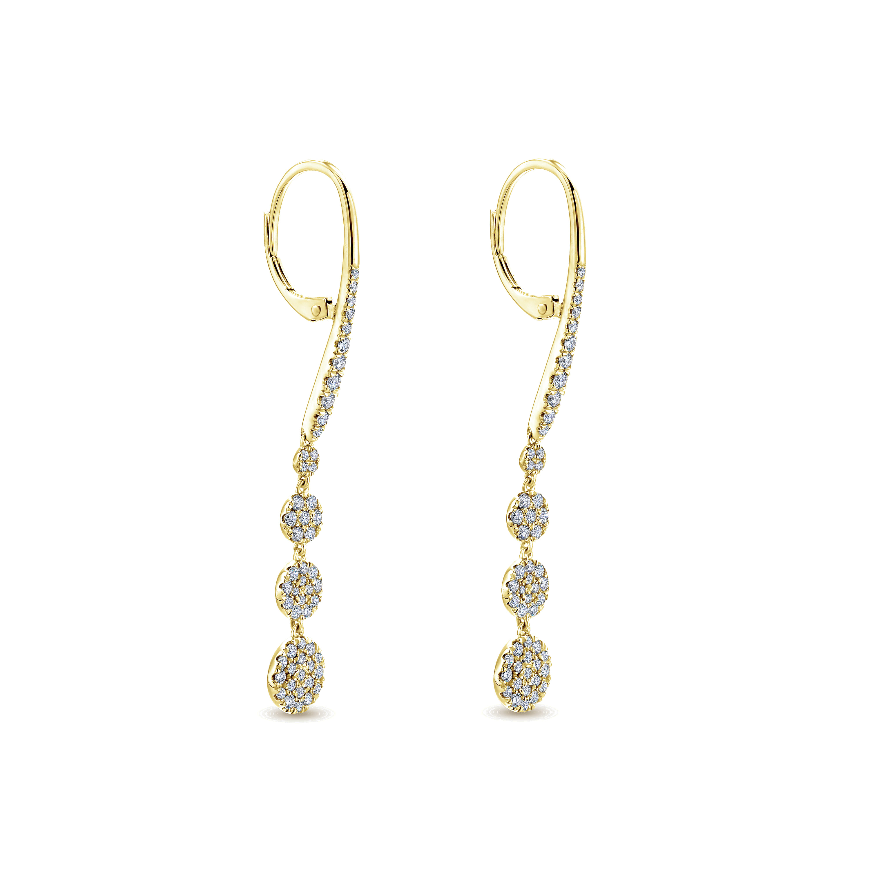 Long Graduating Circle Diamond Drop Earrings in 14K Yellow Gold, photograph 2