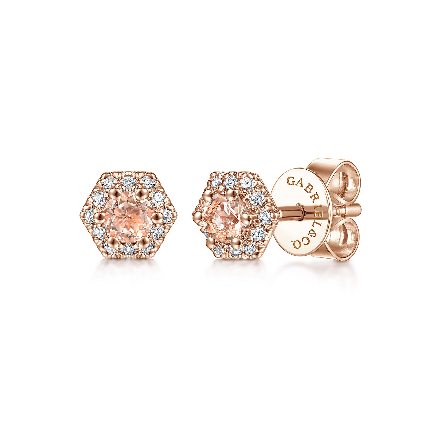 Hexagonal Morganite and Diamond Stud Earrings