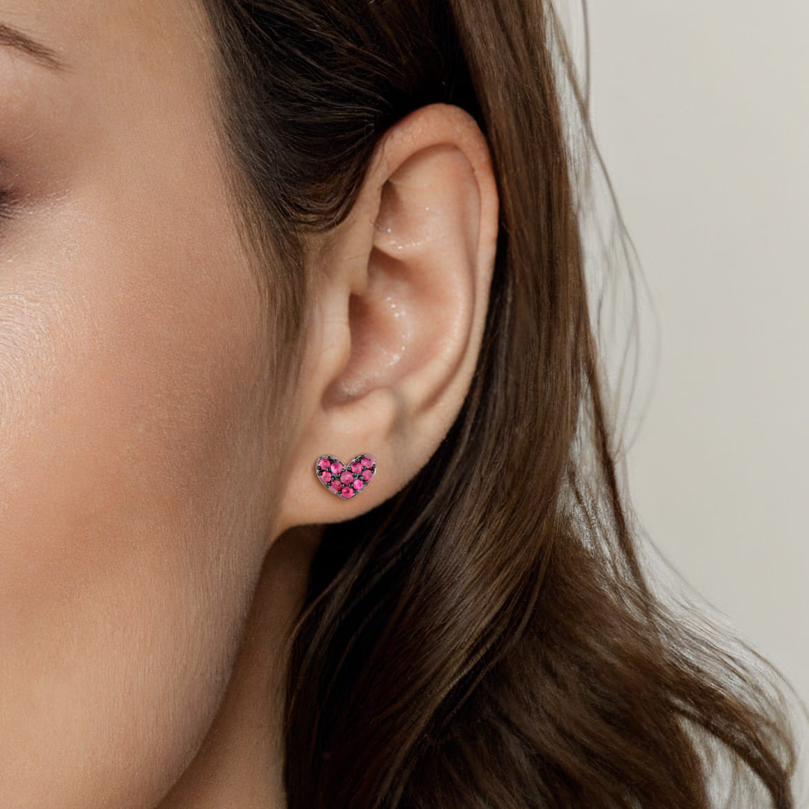 Heart Shaped Ruby Stud Earrings in Sterling Silver, photograph 2