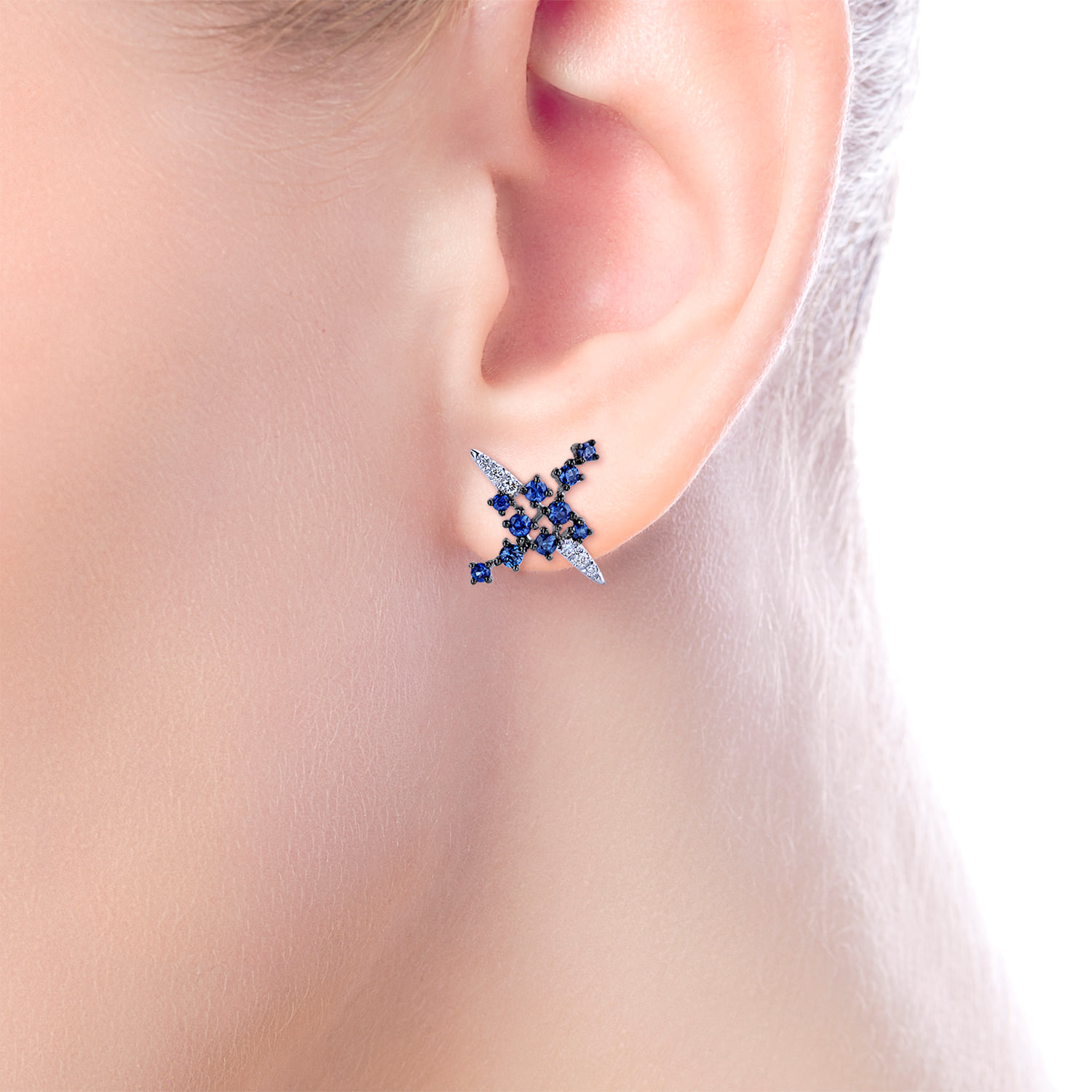 Modern Scattered Sapphire and Diamond Stud Earrings in 14K White Gold, photograph 2