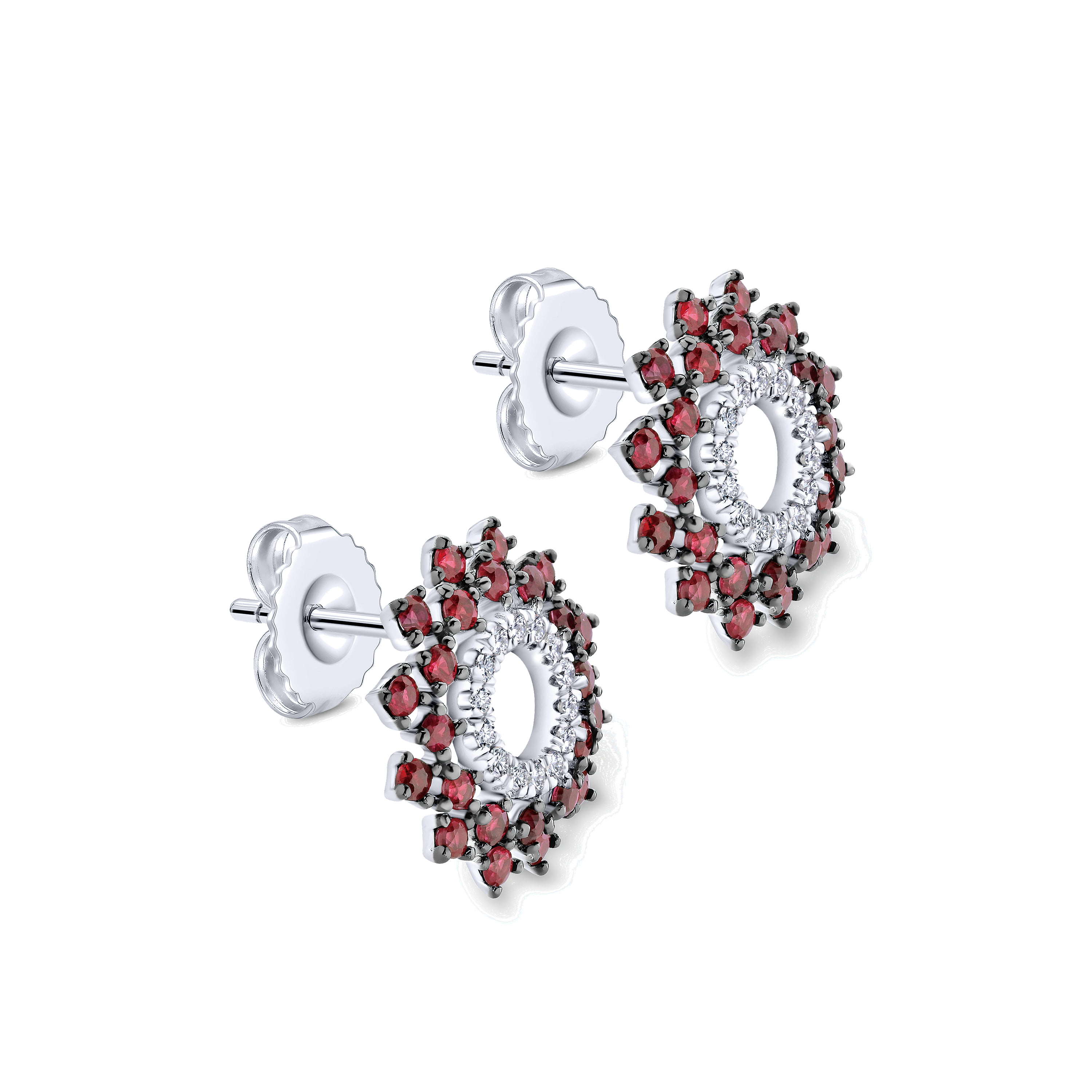 Openwork Diamond and Ruby Stud Earrings in 14K White Gold, photograph 2