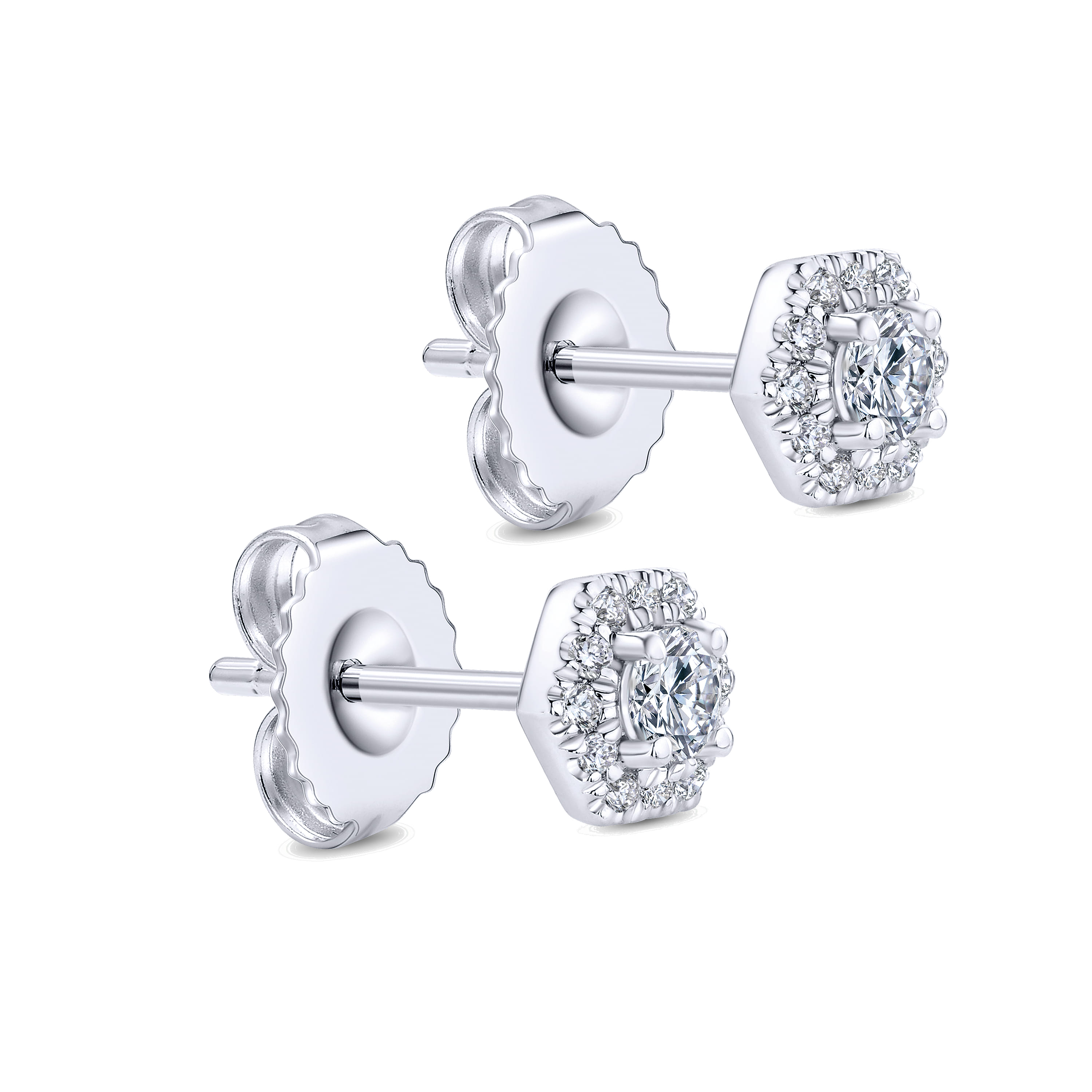 Diamond Hexagonal Halo Stud Earrings in 14K White Gold, photograph 2