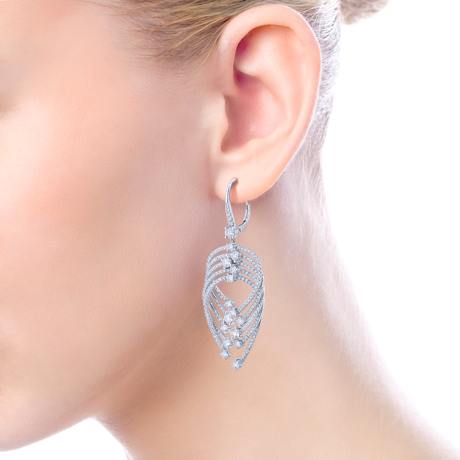 Layered Teardrop Diamond Drop Earrings in 18K White Gold, photograph 3