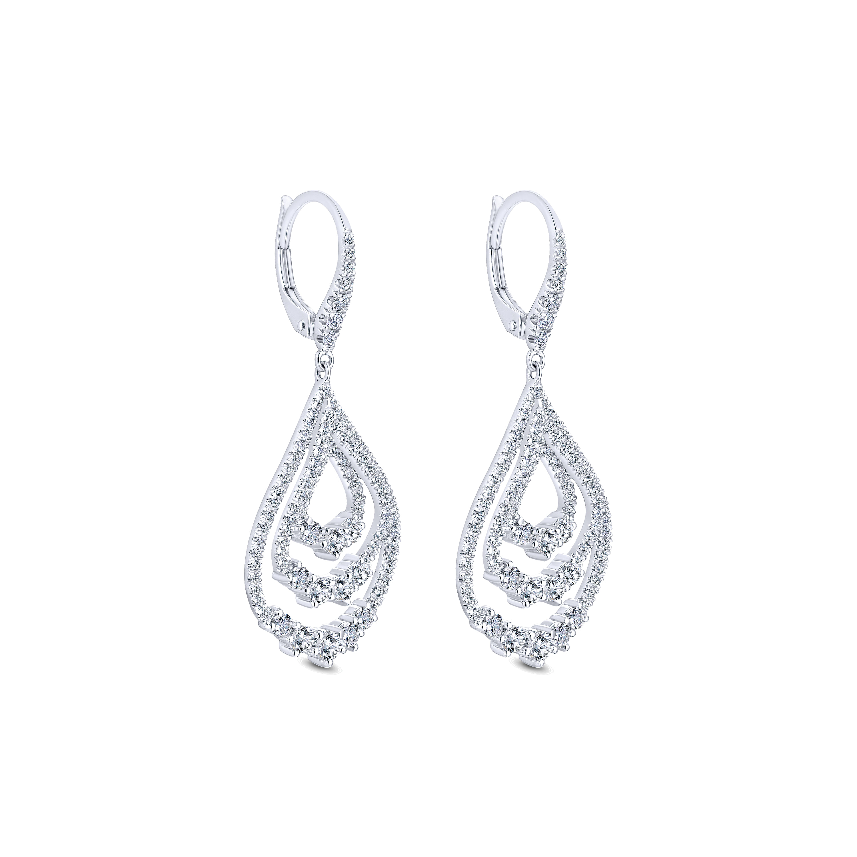 Triple Teardrop Diamond Drop Earrings in 18K White Gold, photograph 2