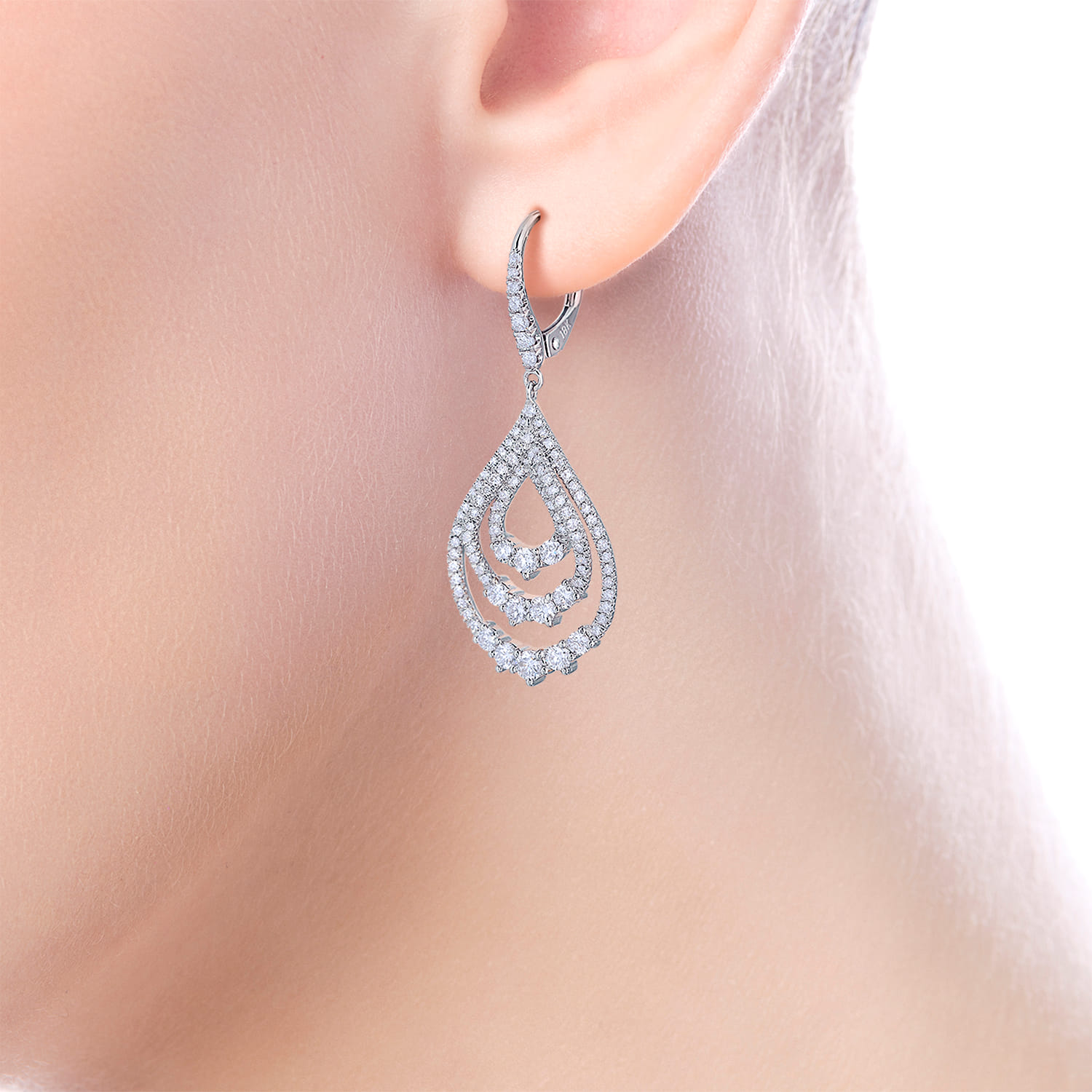 Triple Teardrop Diamond Drop Earrings in 18K White Gold, photograph 3