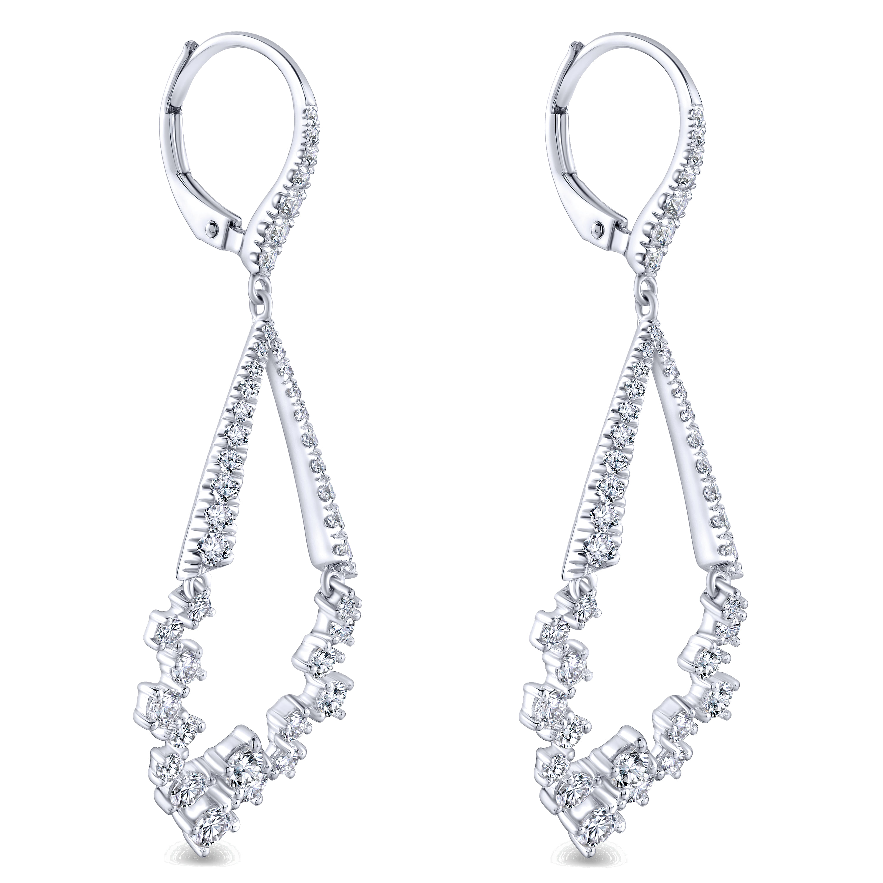 Diamond Teardrop Leverback Earrings in 18K White Gold, photograph 2