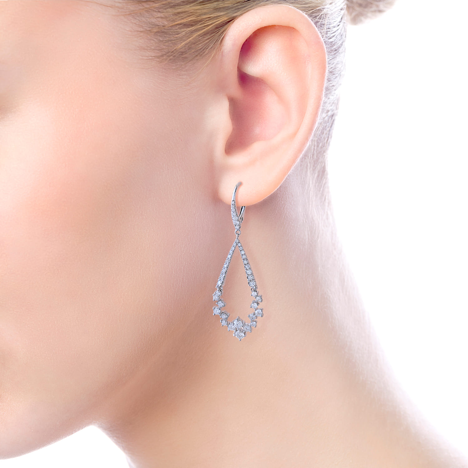Diamond Teardrop Leverback Earrings in 18K White Gold, photograph 3