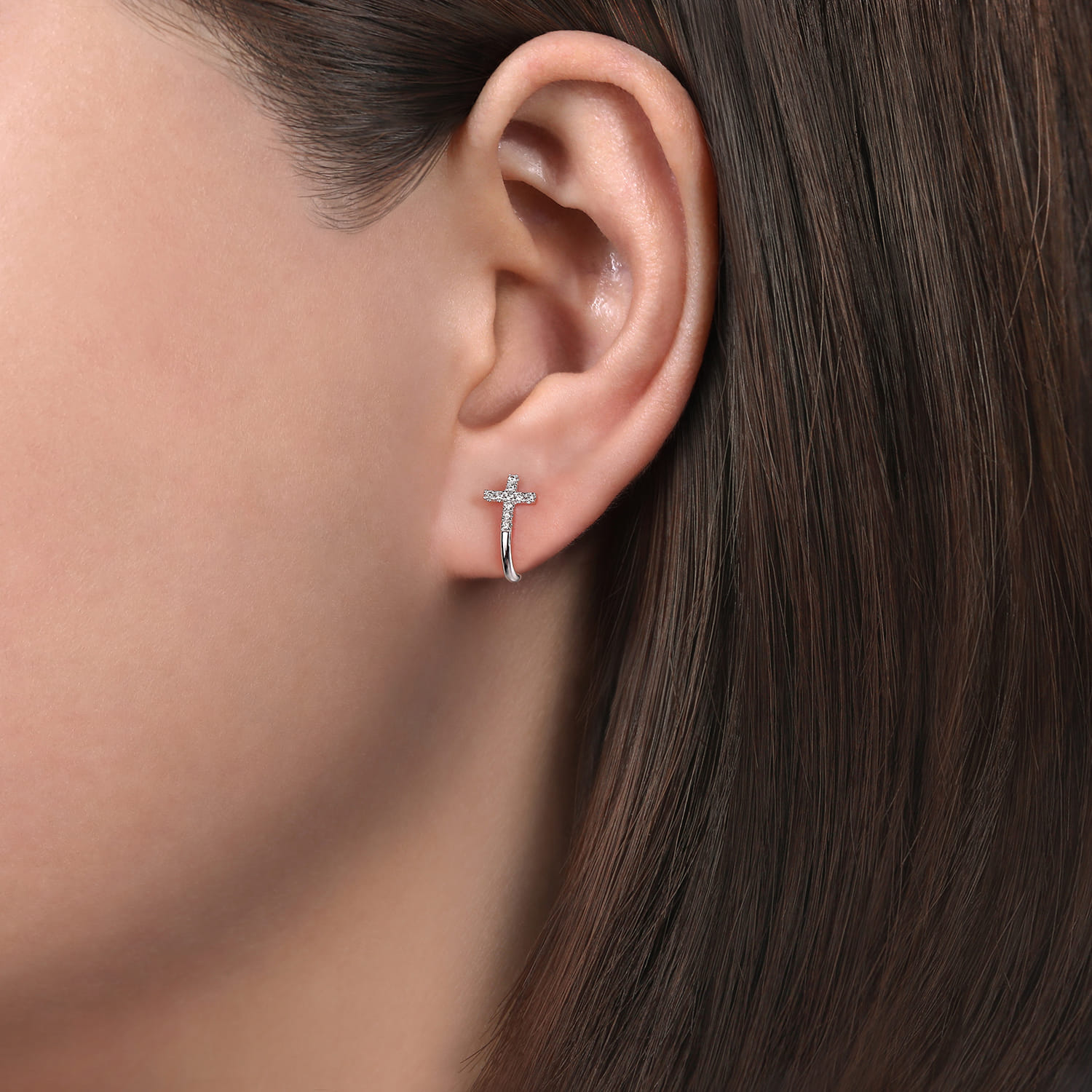 J Curve Diamond Cross Stud Earrings in 14K White Gold, photograph 2