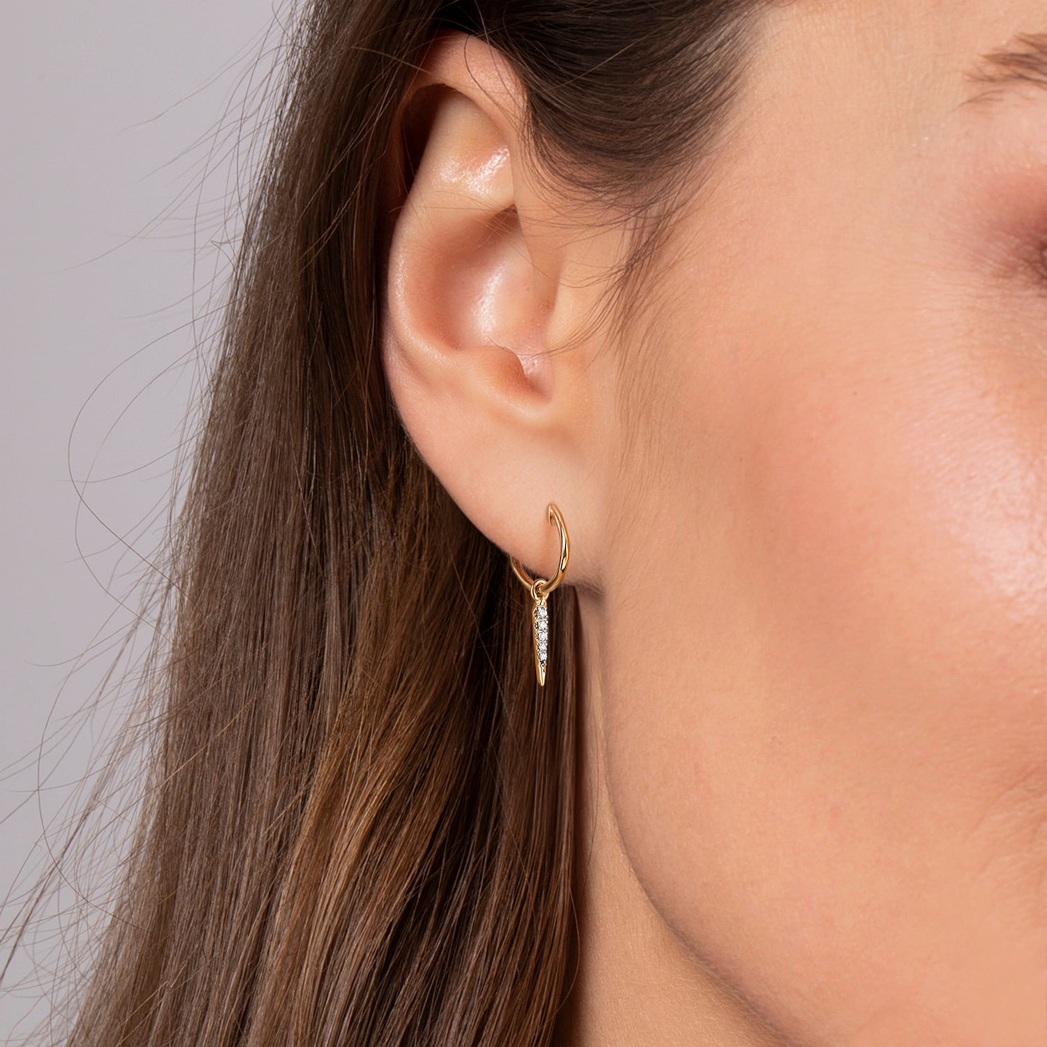 Pave Diamond Spike Huggie Drop Earrings in 14K Yellow Gold, photograph 2
