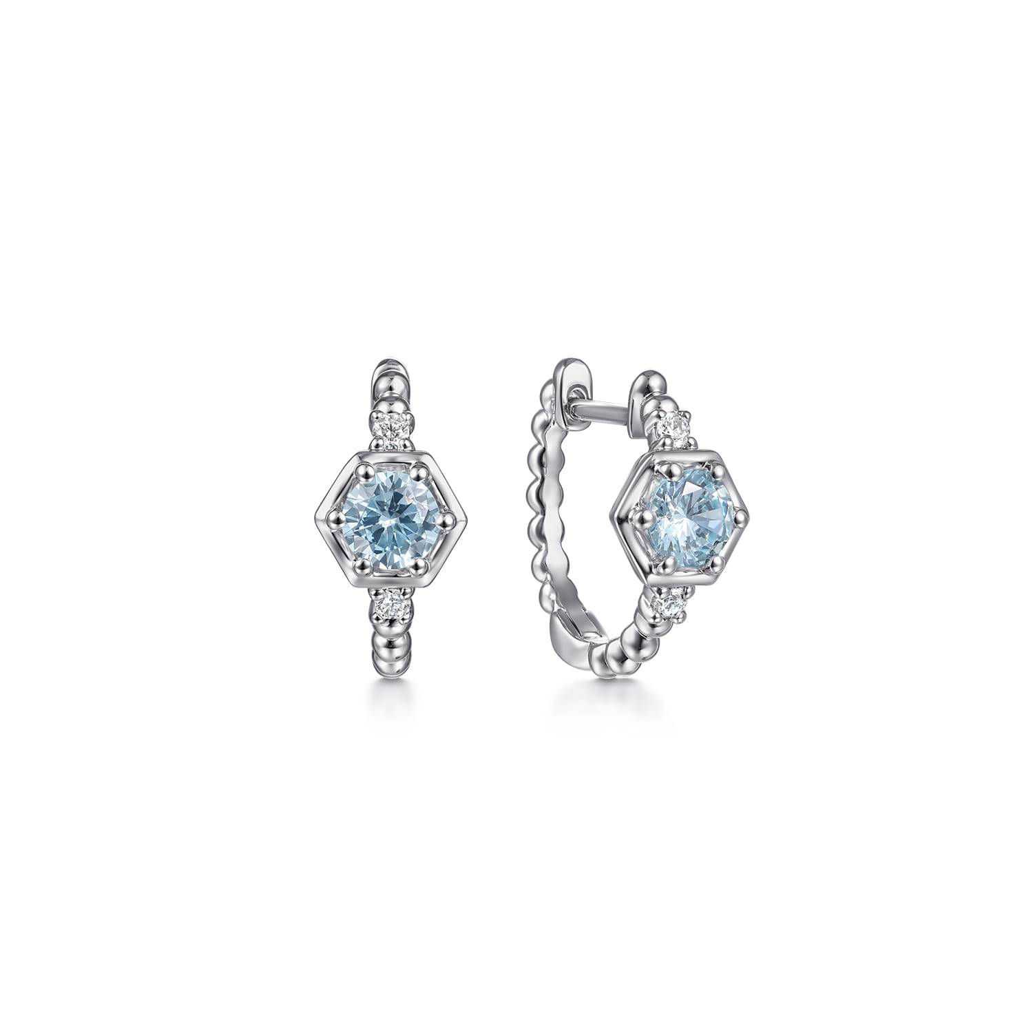 Hexagonal Aquamarine and Diamond Huggies Earrings