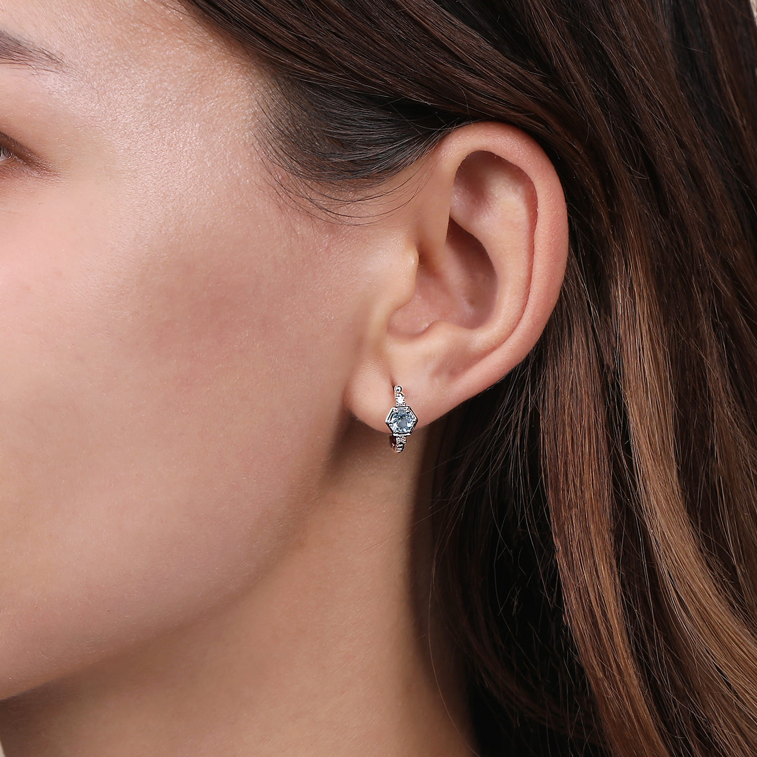 Hexagonal Aquamarine and Diamond Huggies Earrings in 14K White Gold, photograph 2