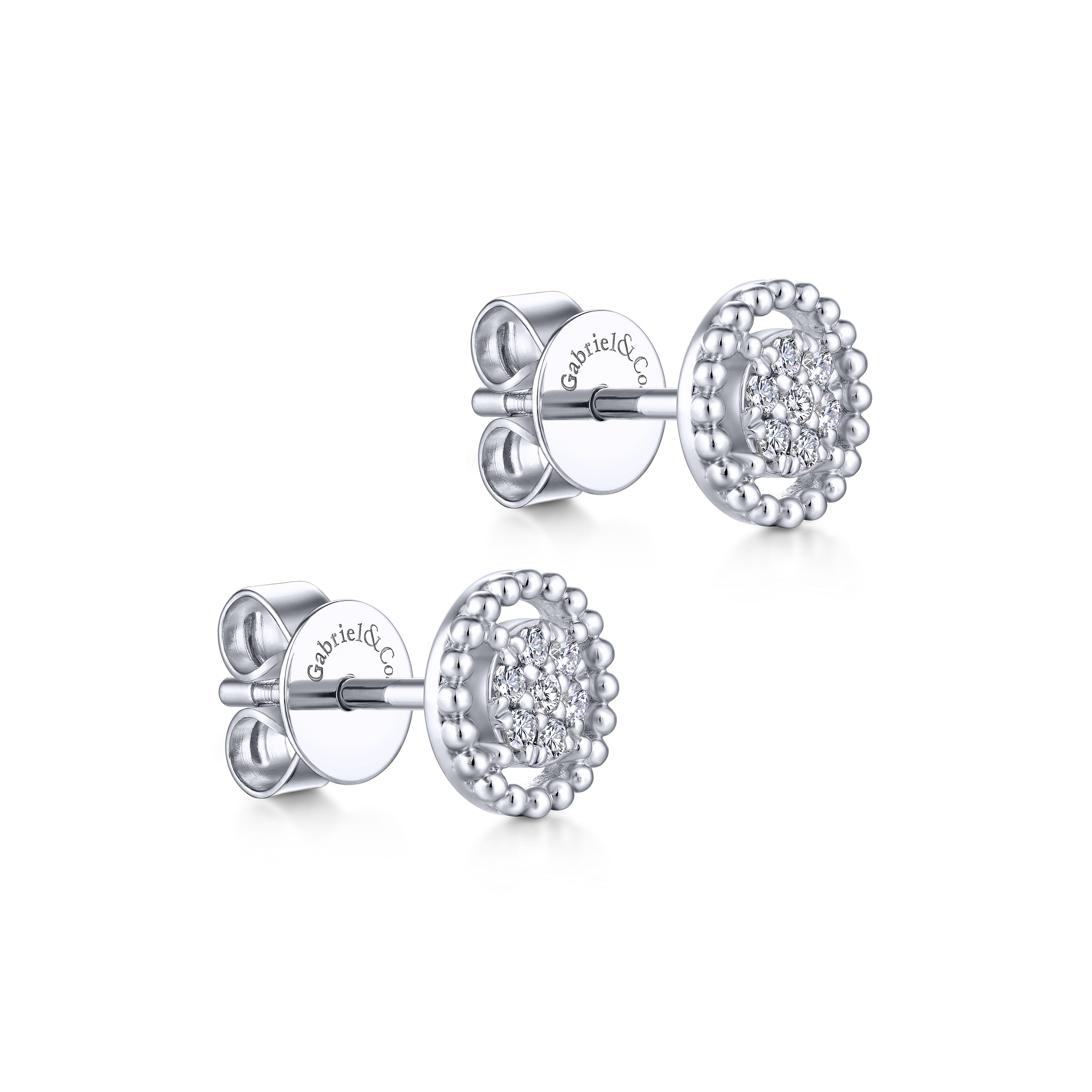Beaded Halo Diamond Pave Stud Earrings in 14K White Gold, photograph 2