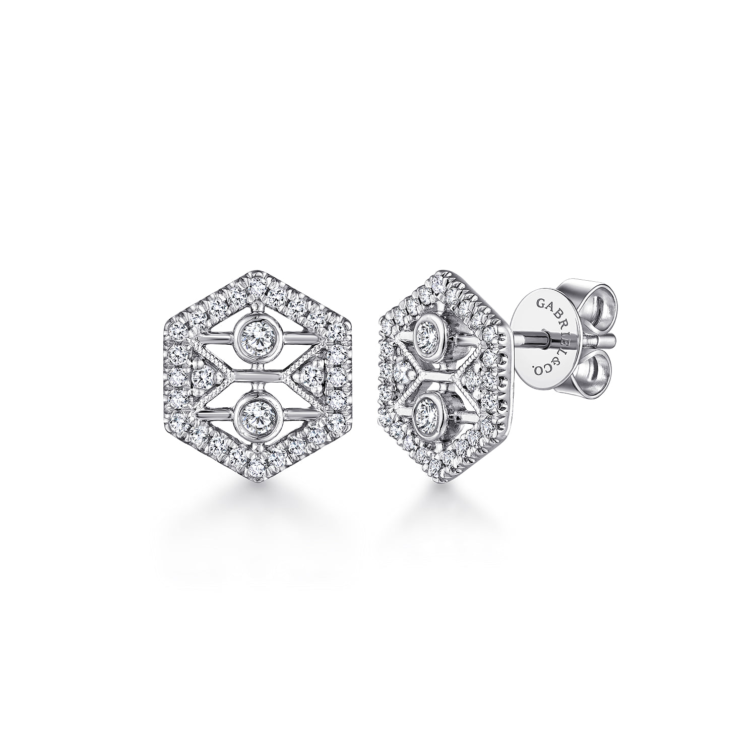 Hexagonal Open Diamond Stud Earrings in 14K White Gold