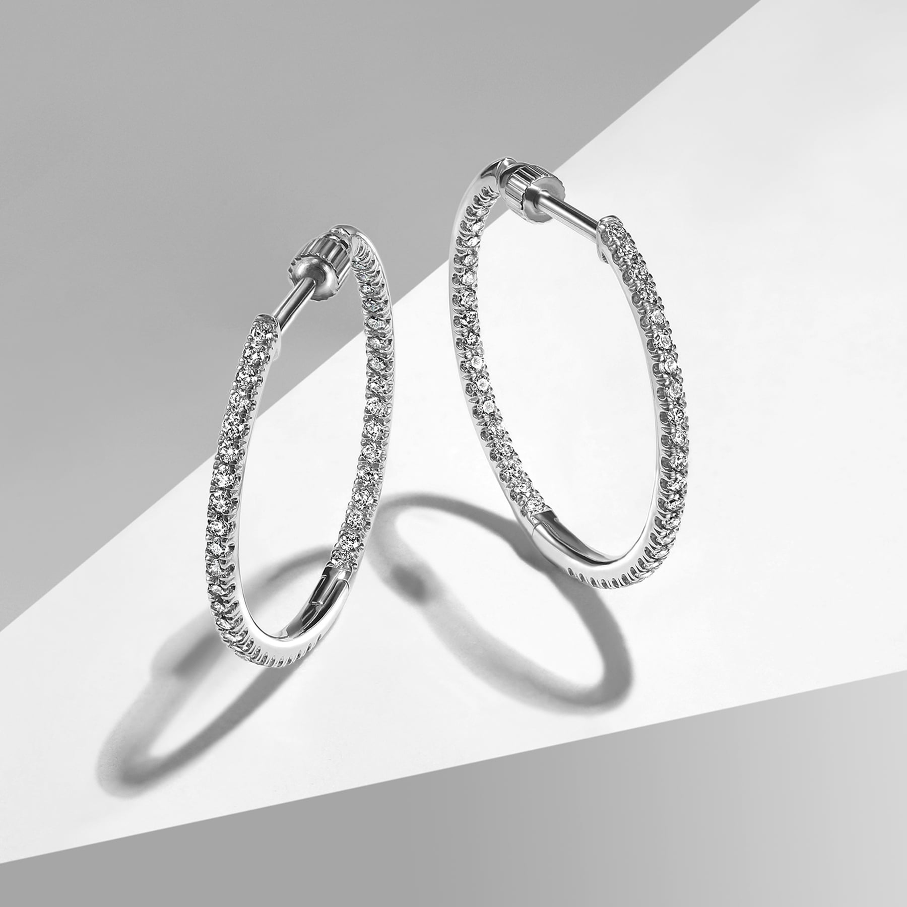 French Pave 20mm Inside Out Diamond Hoop Earrings in 14K White Gold, photograph 3