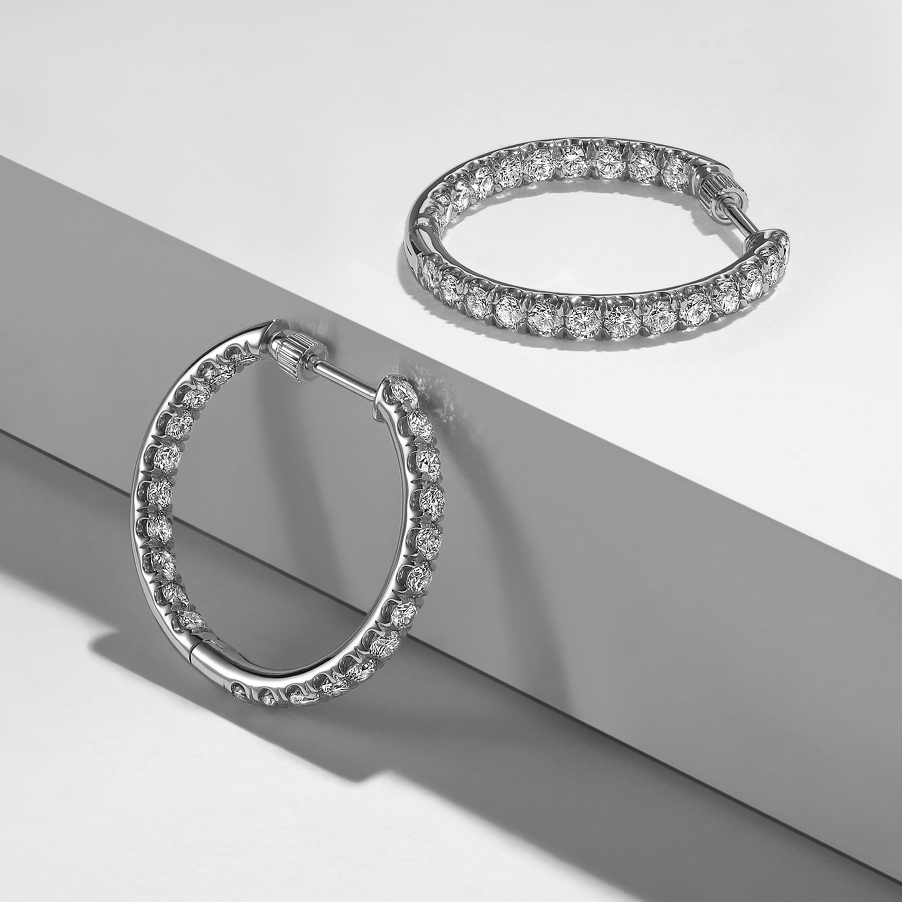 French Pave 20mm Inside Out Diamond Hoop Earrings in 14K White Gold, photograph 3