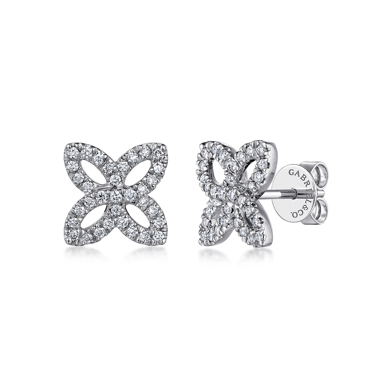 Open Clover Pave Diamond Stud Earrings in 14K White Gold