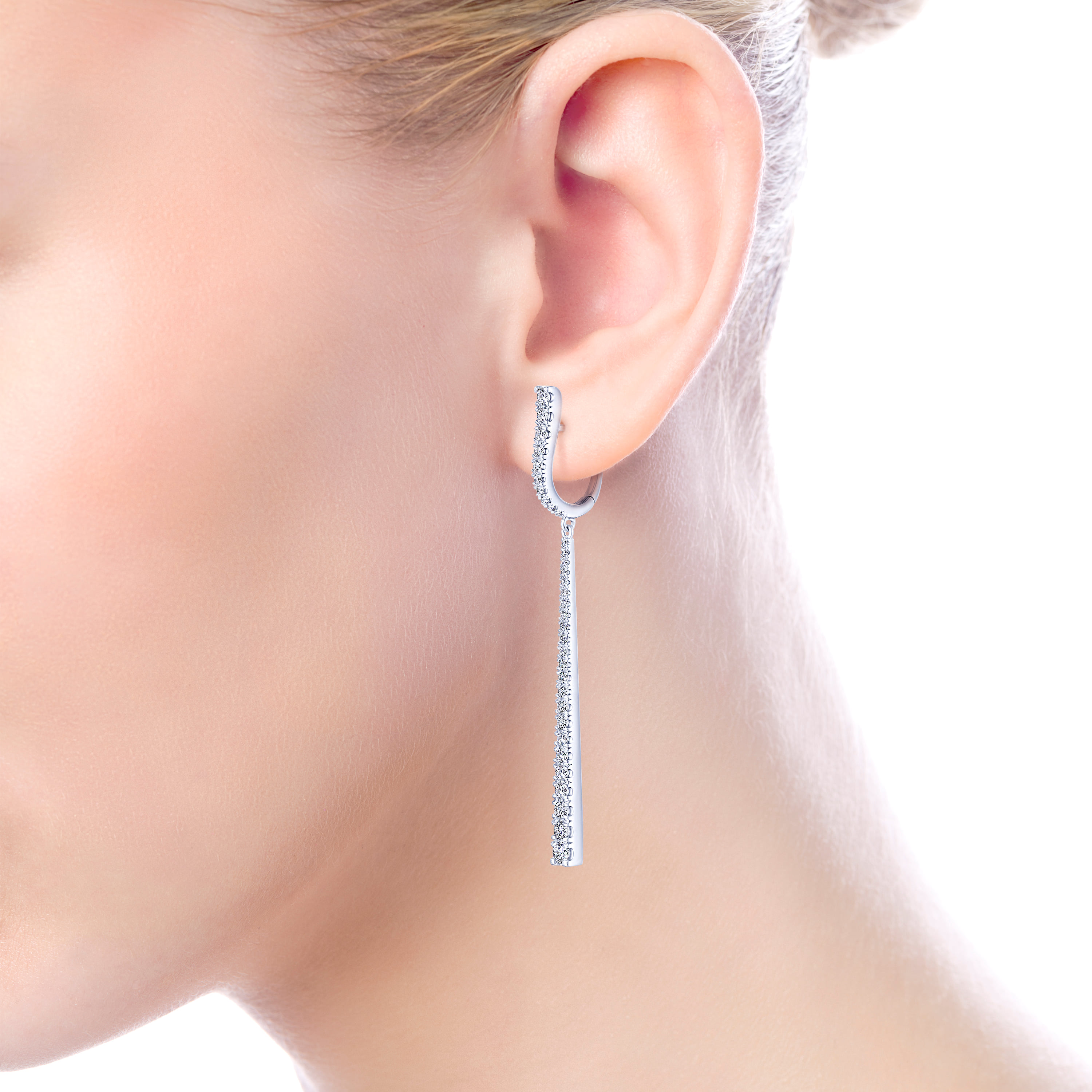Long Diamond Bar Huggies in 18K White Gold, photograph 2