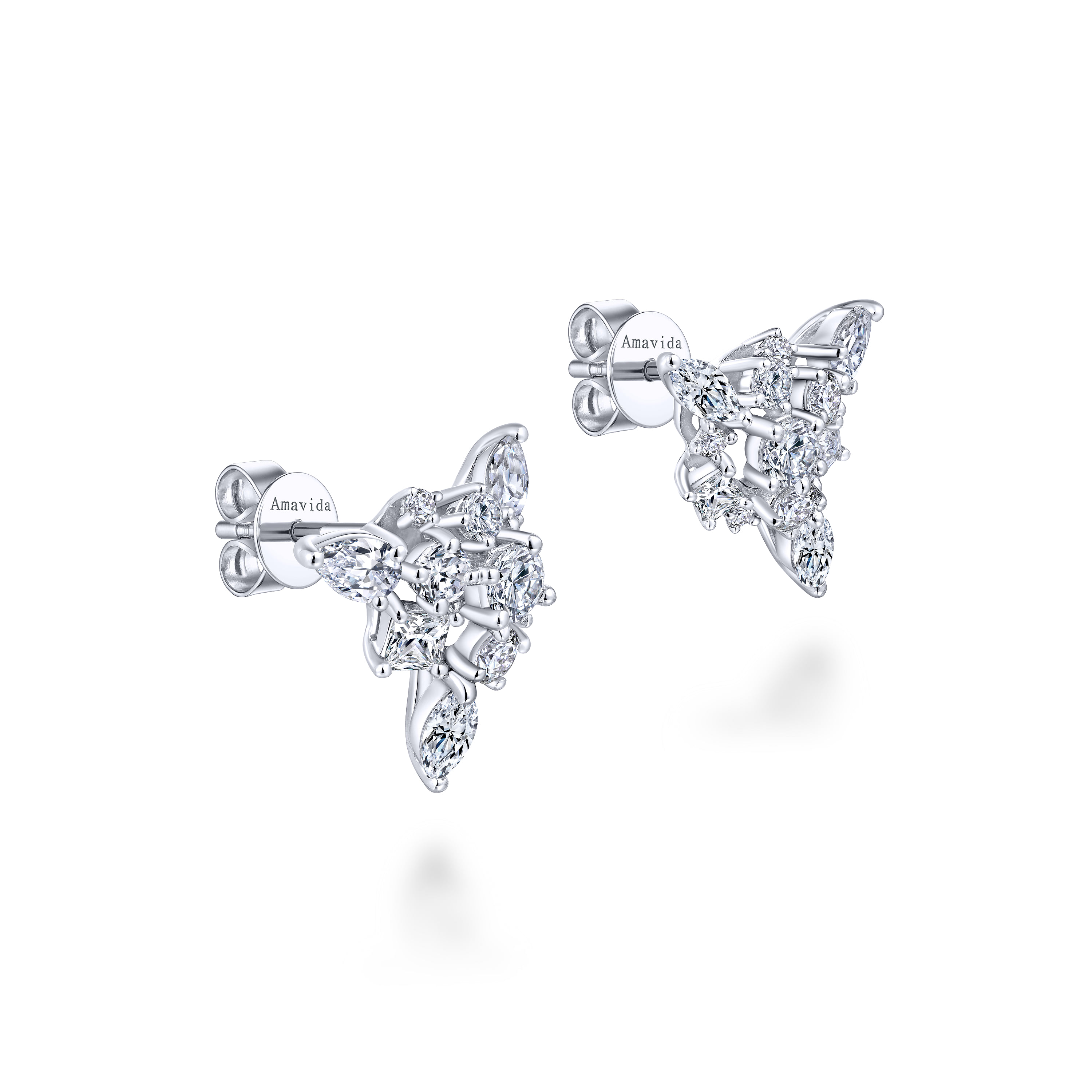 Cluster Diamond Stud Earrings in 18K White Gold, photograph 2