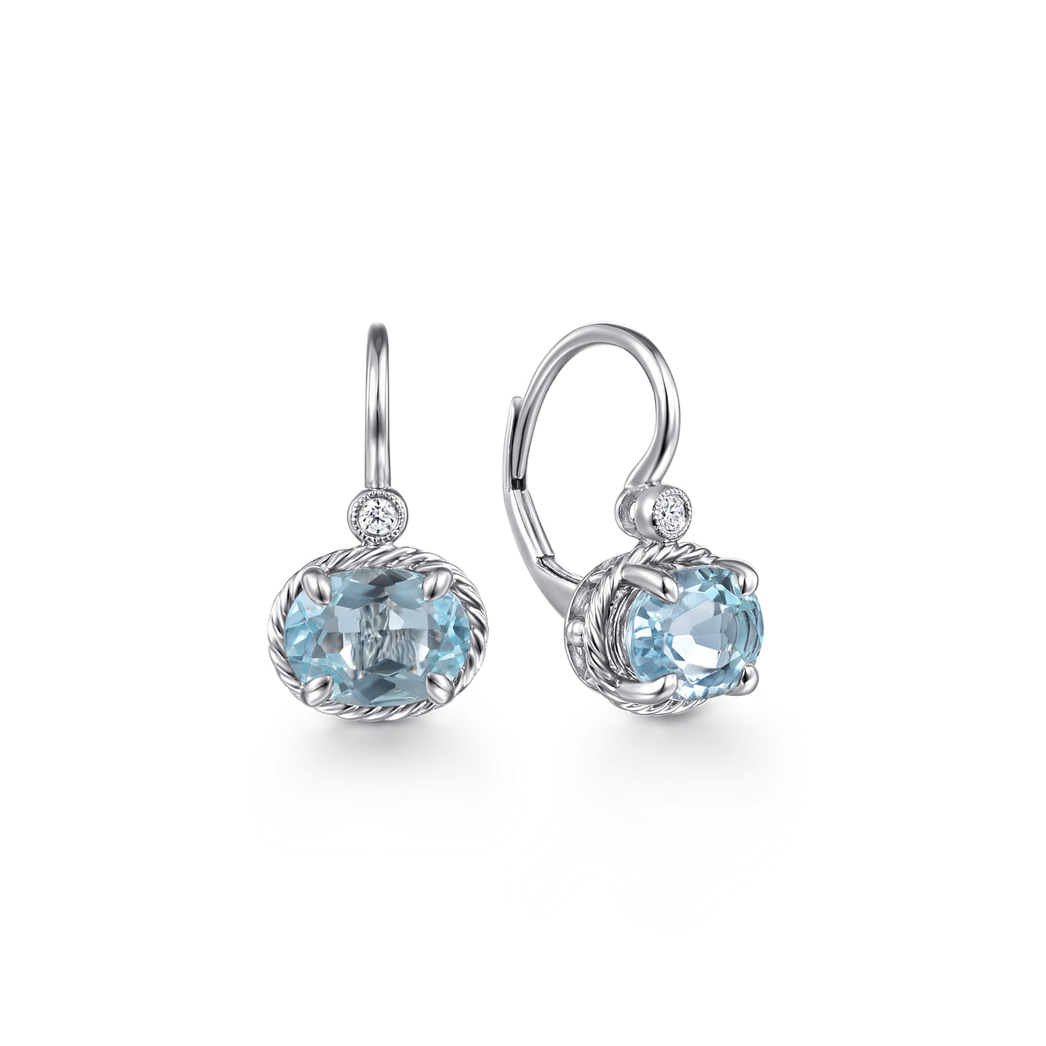 Oval Aquamarine and Diamond Leverback Earrings