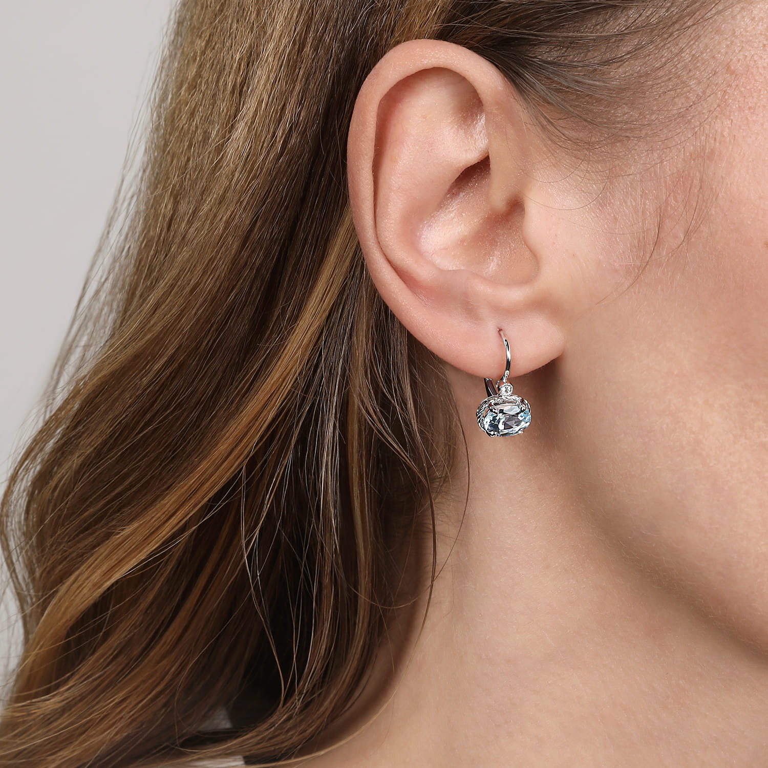 Oval Aquamarine and Diamond Leverback Earrings in 14K White Gold, photograph 2