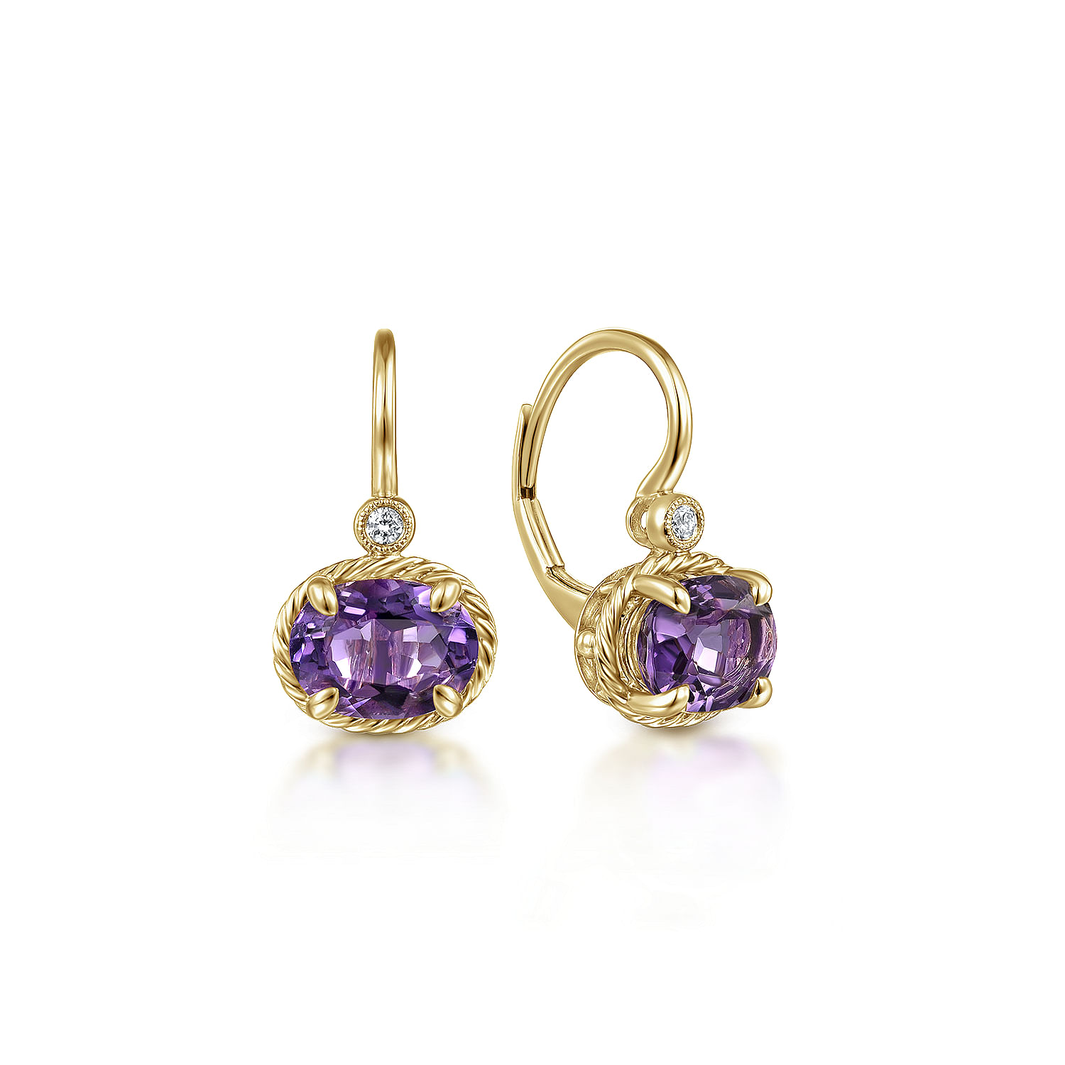 [LLOYD] 14K☆Daily Stone 9 mm One Touch Earrings 14K Yellow Gold Oval Amethyst and Diamond Leverback Earrings