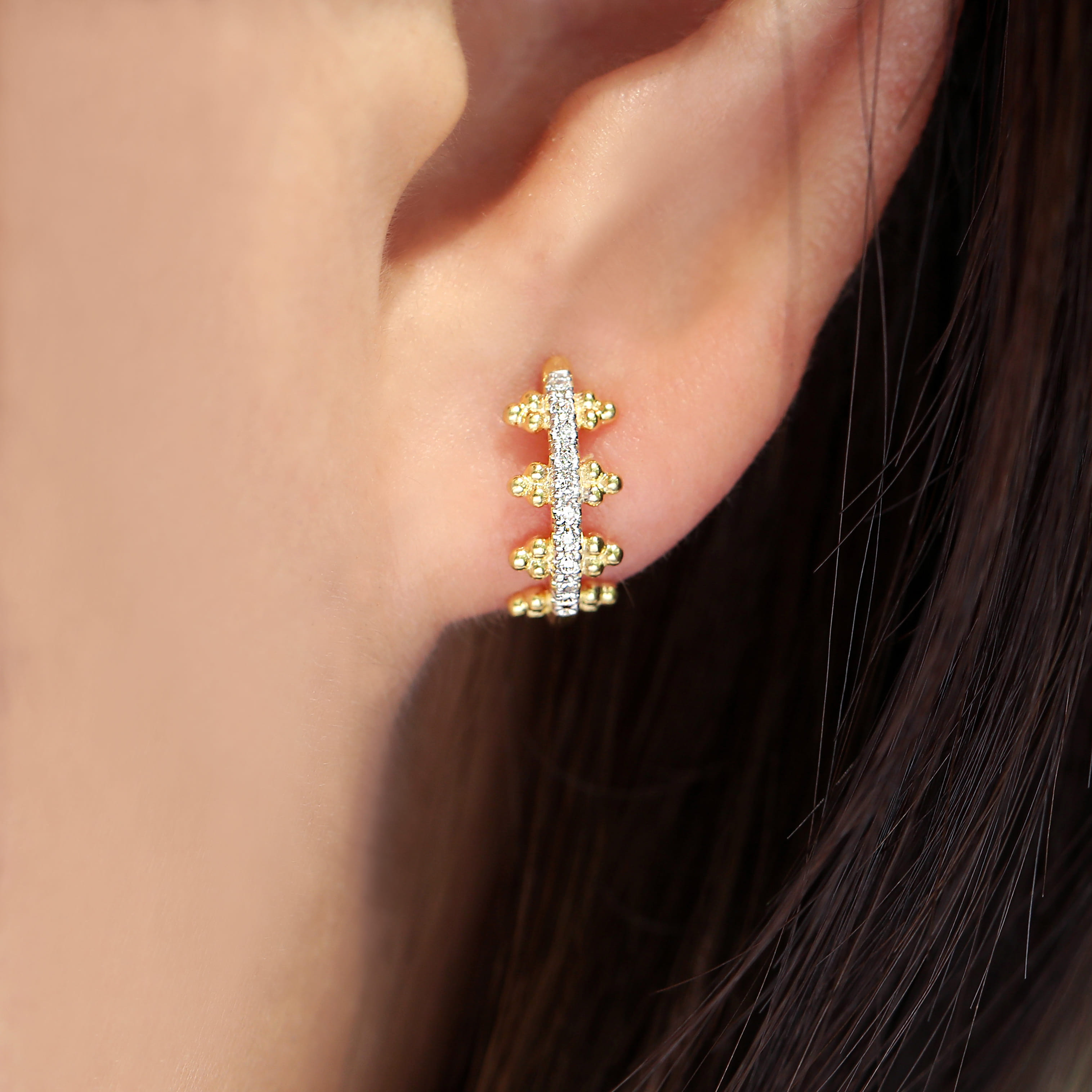 Beaded Pave 10mm Diamond Huggies in 14K Yellow Gold, photograph 2