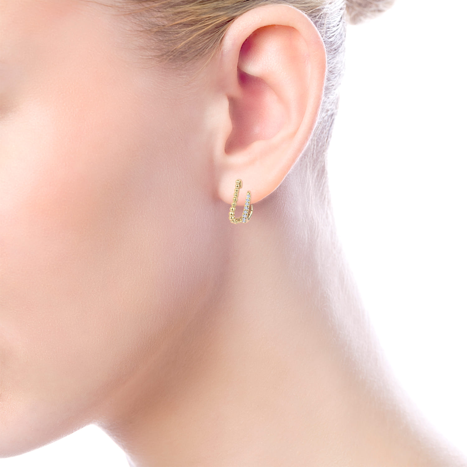 Beaded Pave 10mm Diamond Huggies in 14K Yellow Gold, photograph 4