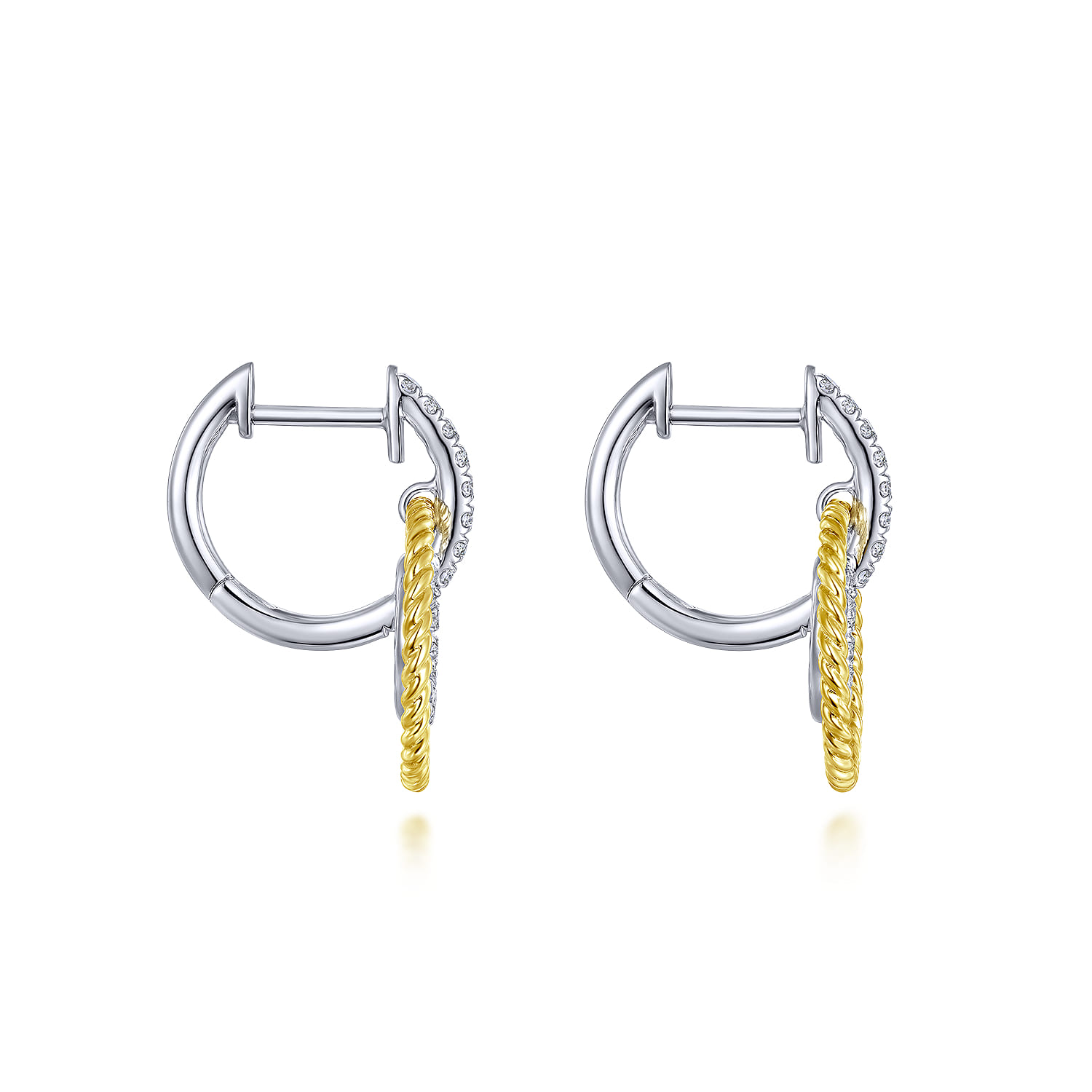 Layered Loop 20mm Diamond Huggie Drop Earrings in 14K White/Yellow Gold, photograph 3