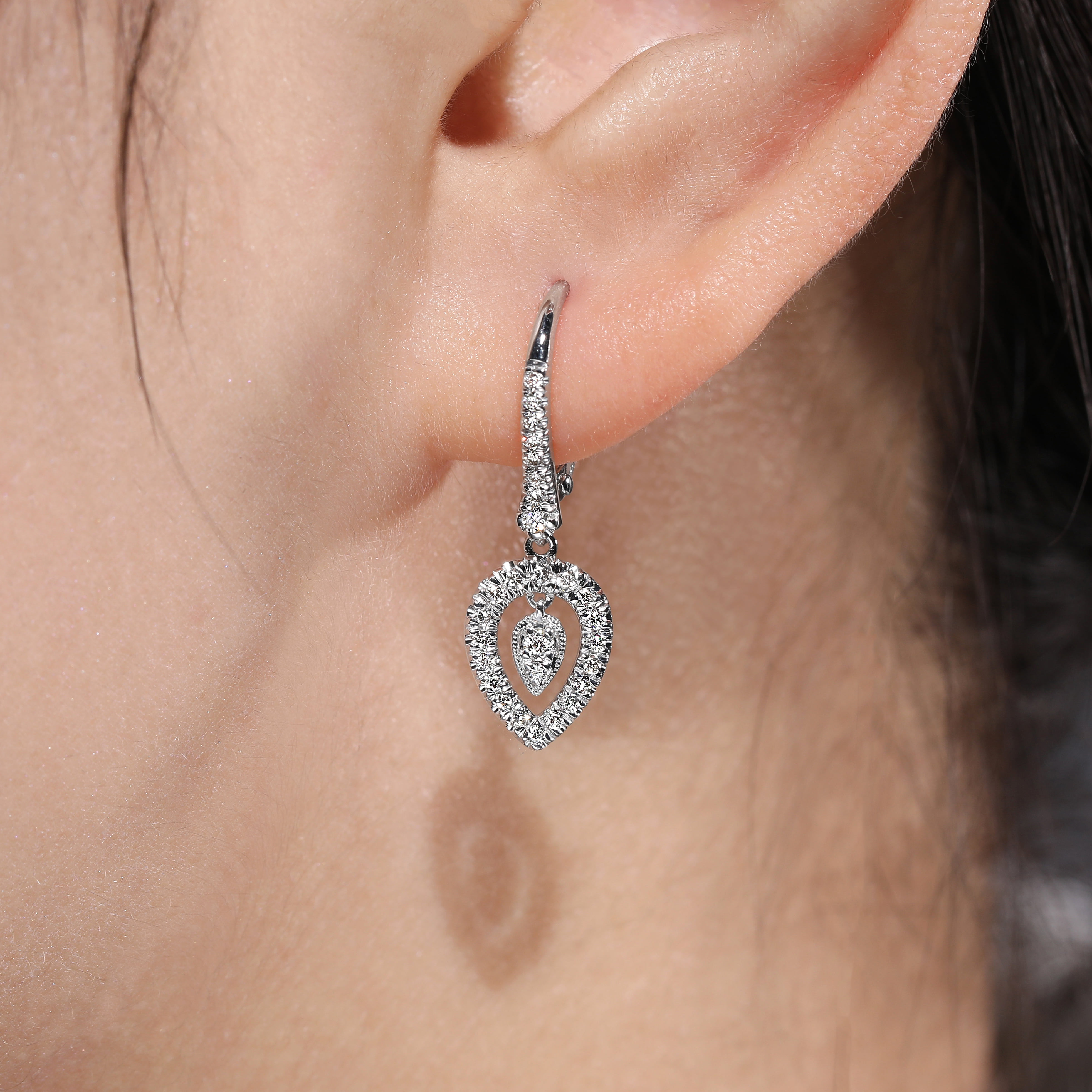 Double Teardrop Leverback Diamond Earrings in 14K White Gold, photograph 3