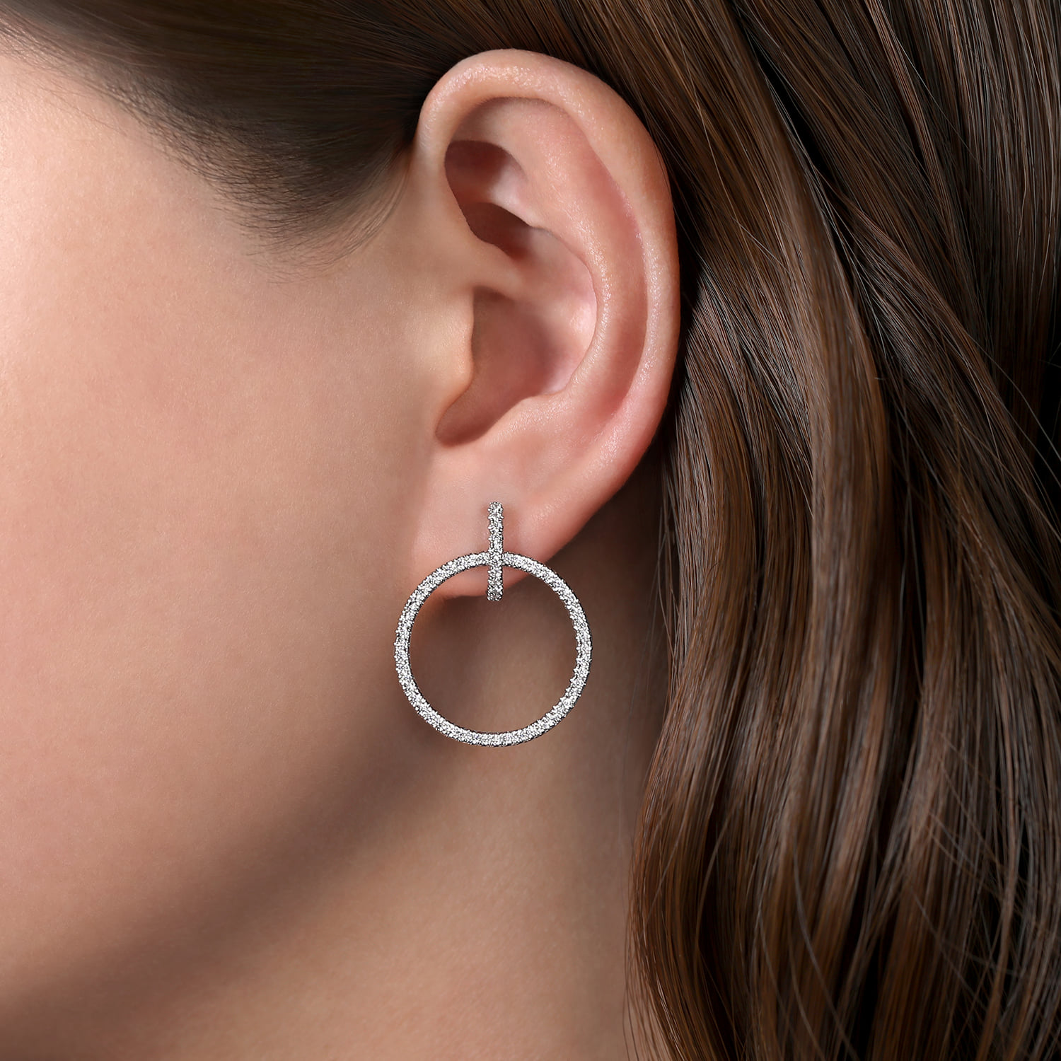 Linked Pave 30mm Diamond Huggie Drop Earrings in 14K White Gold, photograph 2