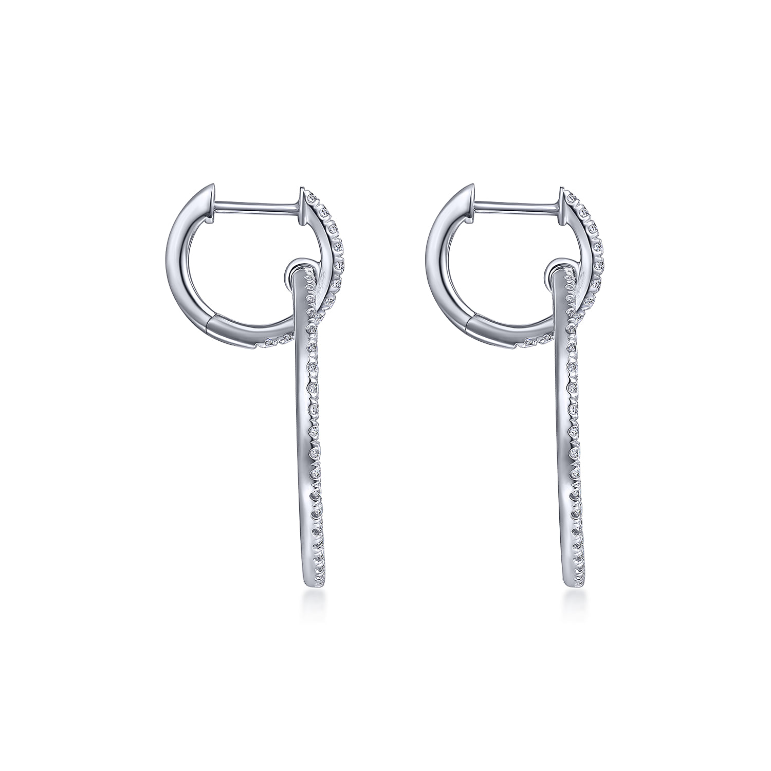 Linked Pave 30mm Diamond Huggie Drop Earrings in 14K White Gold, photograph 3