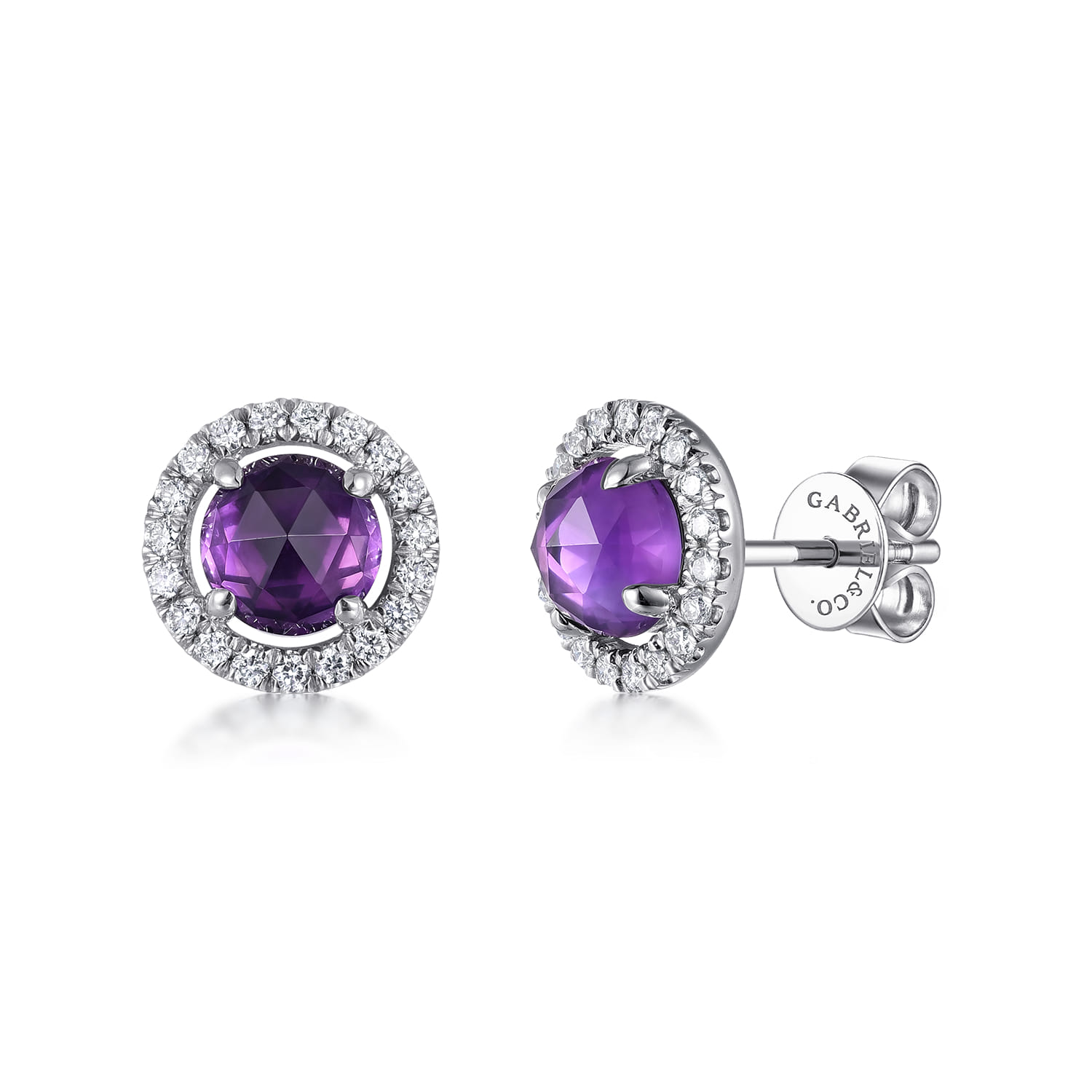 Round Amethyst and Diamond Halo Stud Earrings