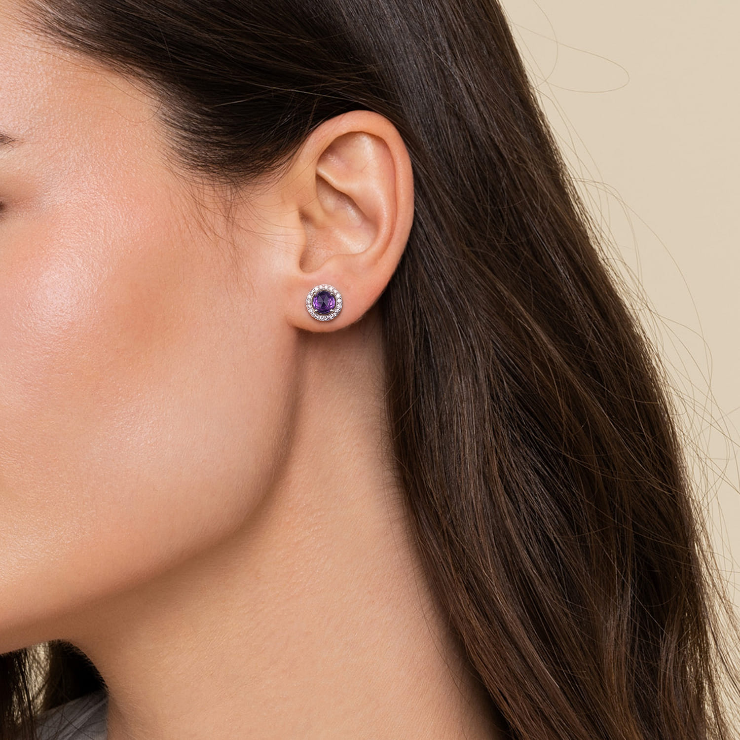 Round Amethyst and Diamond Halo Stud Earrings in 14K White Gold, photograph 2