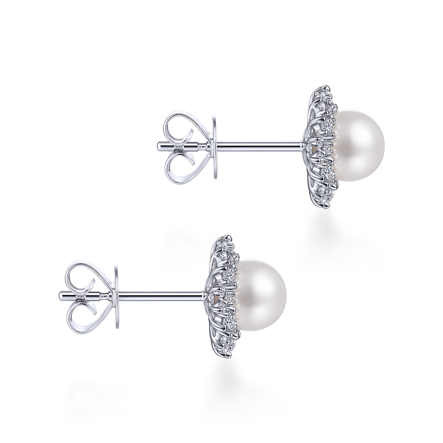 Cultured Pearl Scalloped Diamond Halo Stud Earrings in 14K White Gold, photograph 3