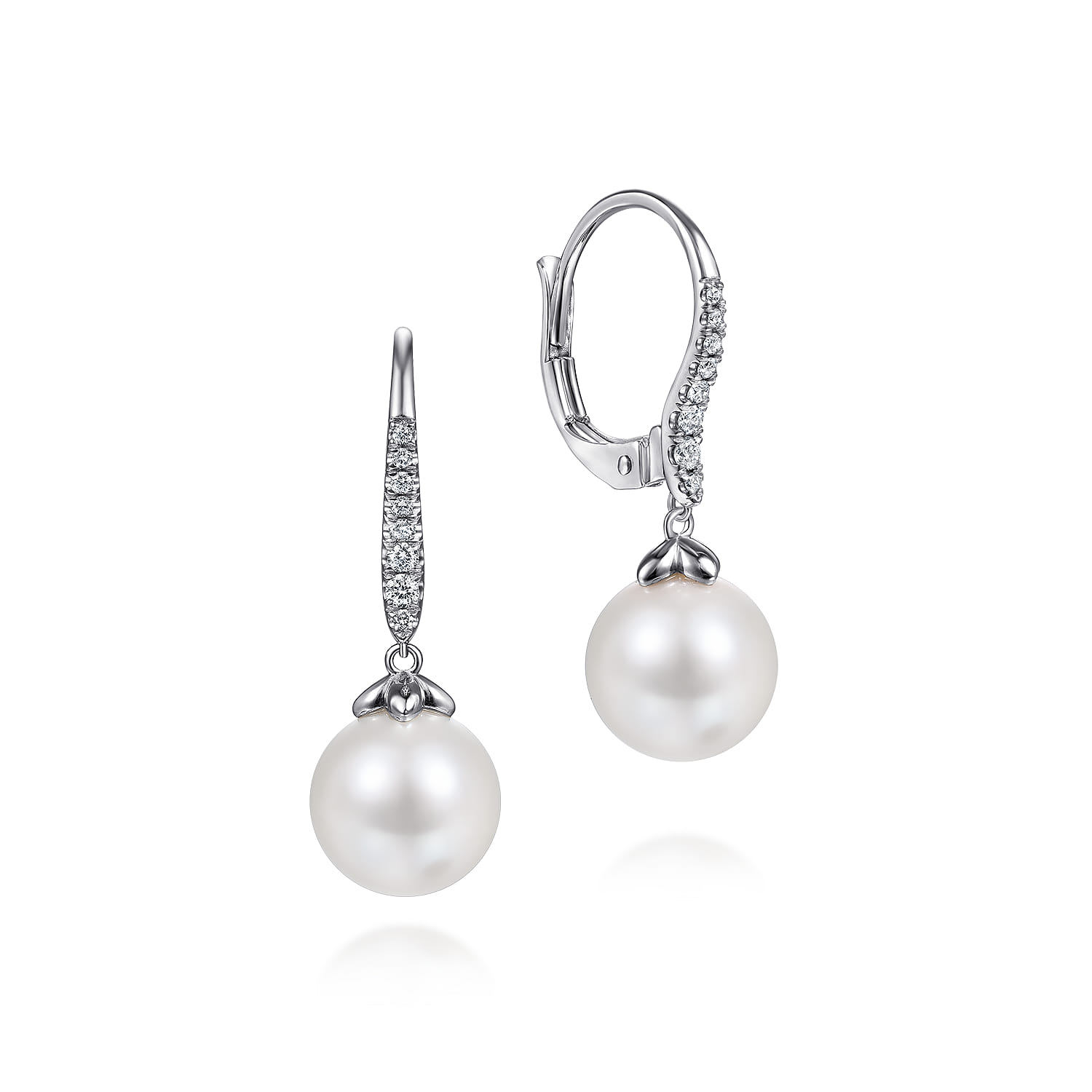 Pearl and Diamond Leverback Earrings in 14K White Gold