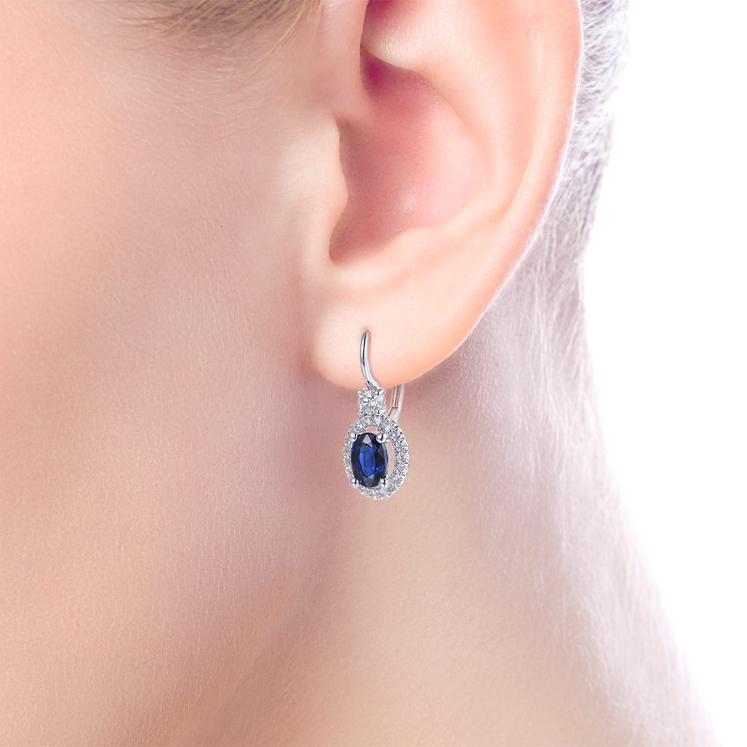 Sapphire Oval and Diamond Halo Leverback Earrings in 14K White Gold, photograph 2