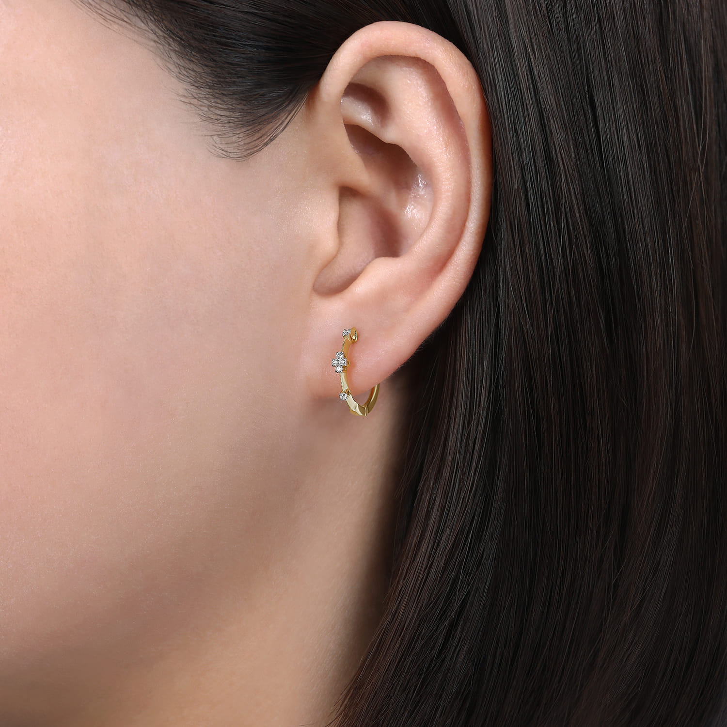 Diamond Huggie Earrings 15mm in 14K Yellow Gold, photograph 2