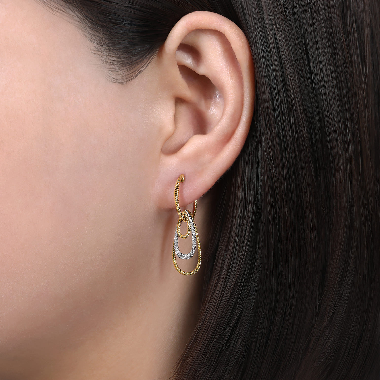 Diamond Huggie Earrings With Graduating Teardrops in 14K White/Yellow Gold, photograph 2