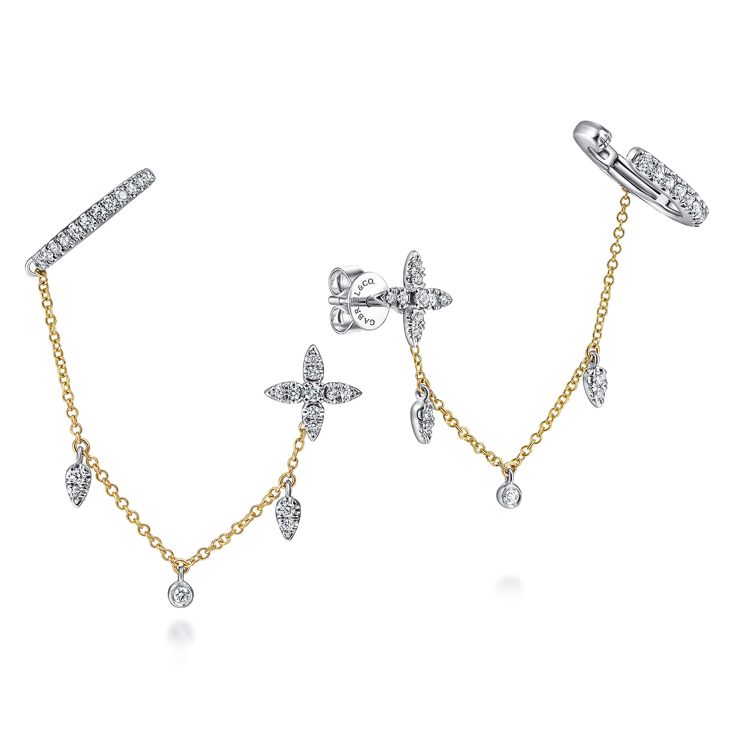 Diamond Ear Cuffs and Quatrefoil Chain Earrings with Drops