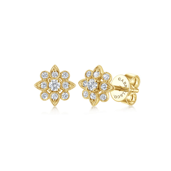 14K Yellow Gold Floral Diamond Stud Earrings