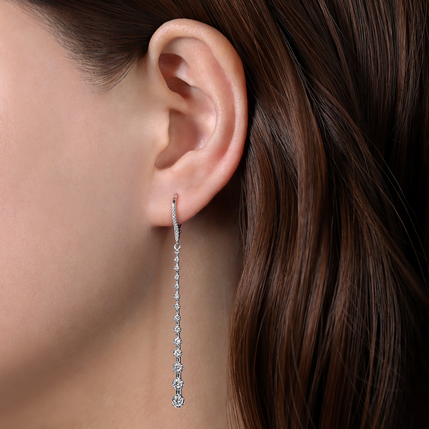 Long Graduating Diamond Bar Earrings in 14K White Gold, photograph 2