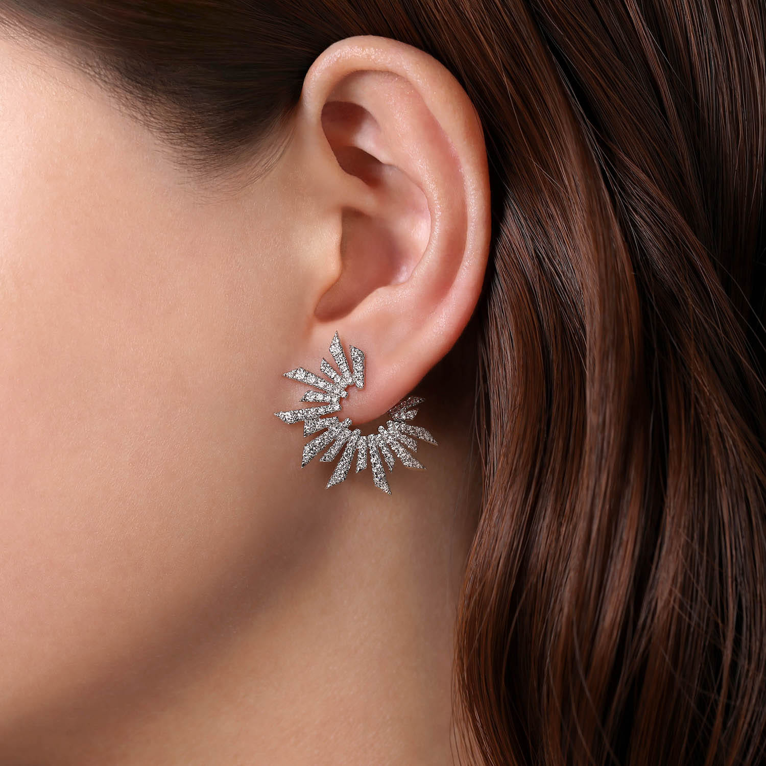 Bursting Diamond Open Circle Bypass Earrings in 18K White Gold, photograph 2