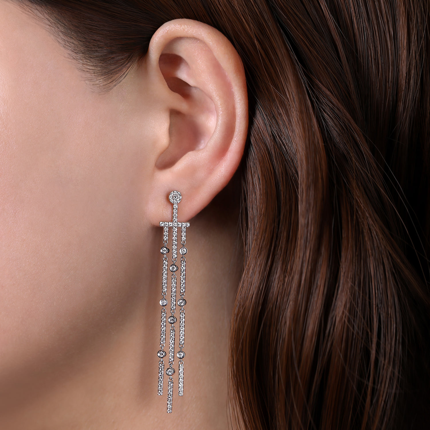 Three Row Linear Drop Diamond Stud Earrings in 18K White Gold, photograph 2