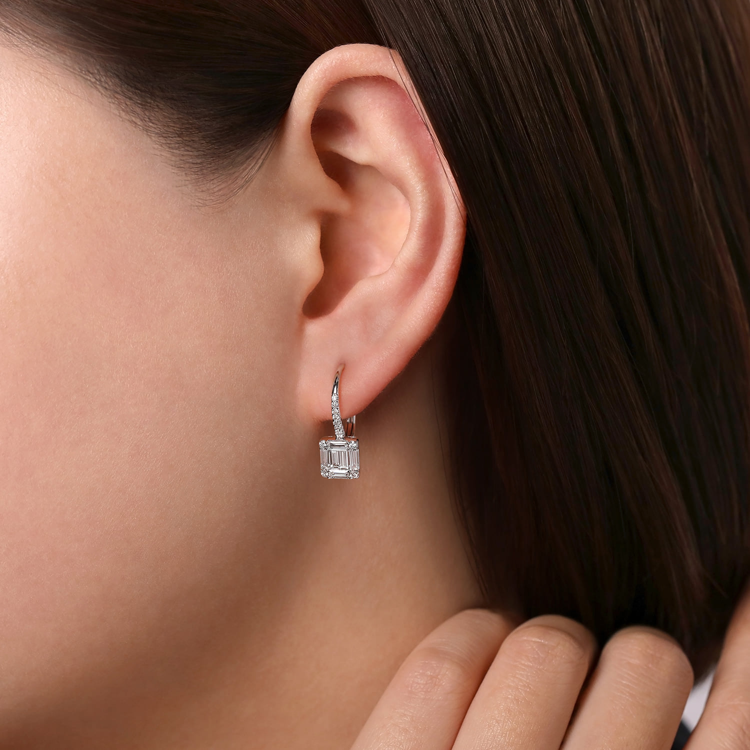 Baguette and Diamond Leverback Earrings in 14K White Gold, photograph 2